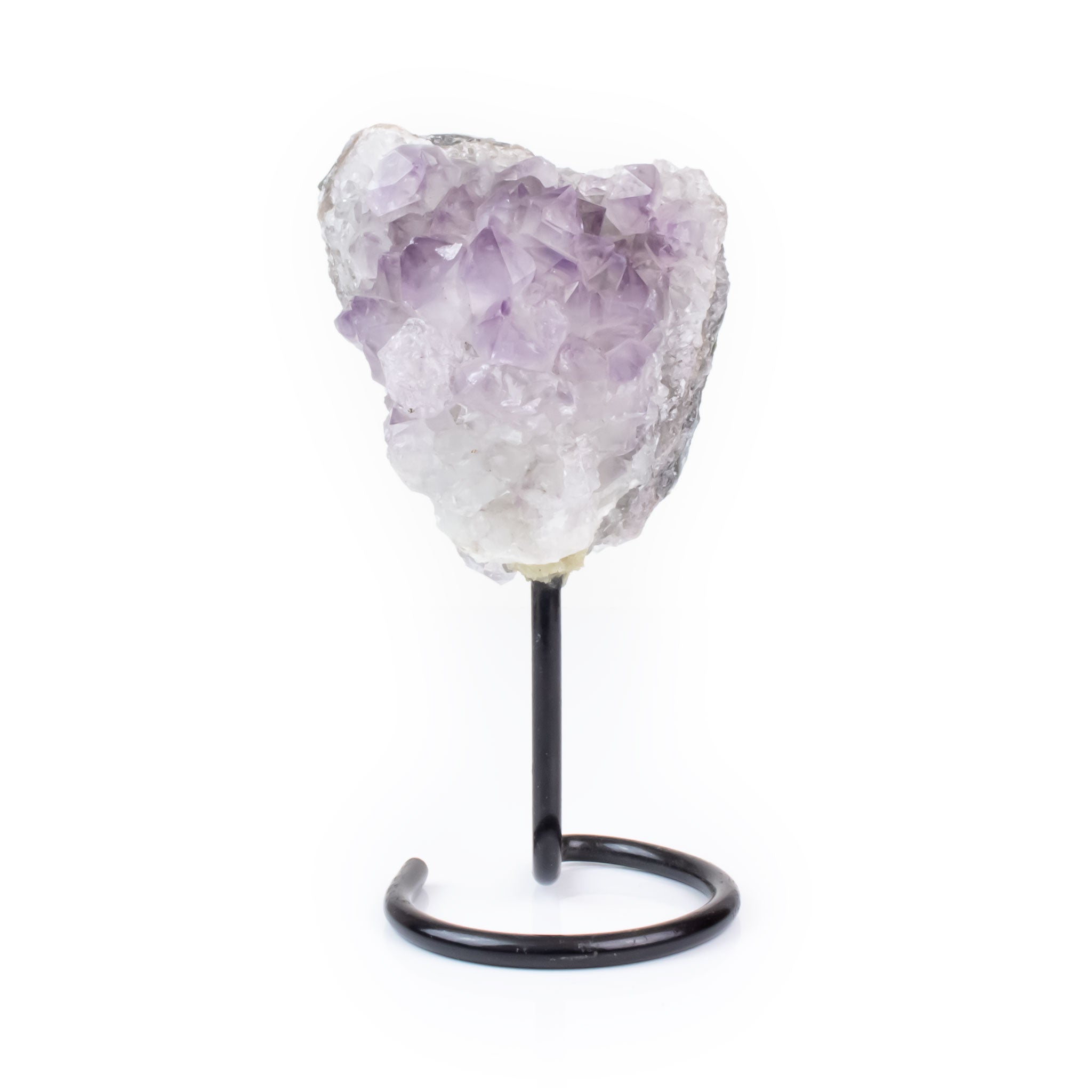 Raw amethyst crystal cluster displayed on black metal stand for home décor and energy cleansing.