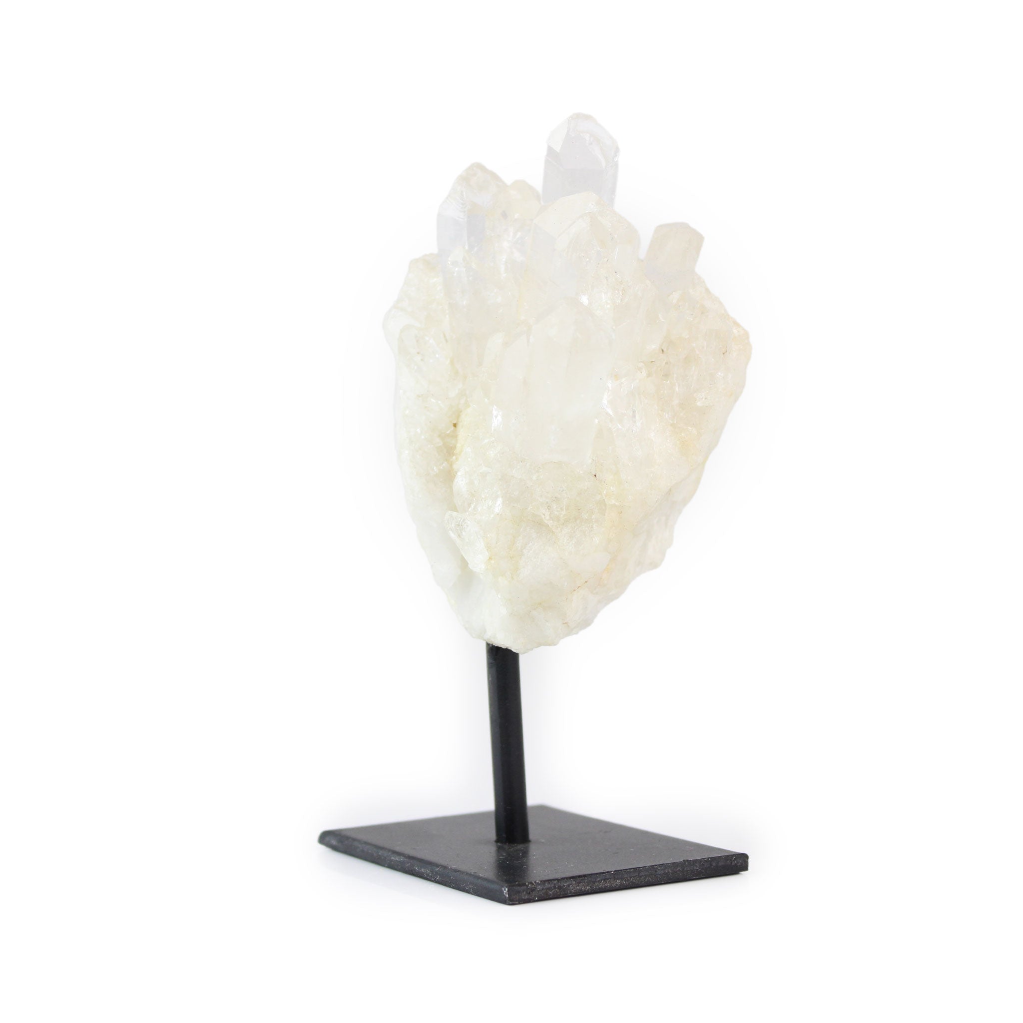 Raw quartz cluster on metal stand for home decor, angled view of right side against white background.