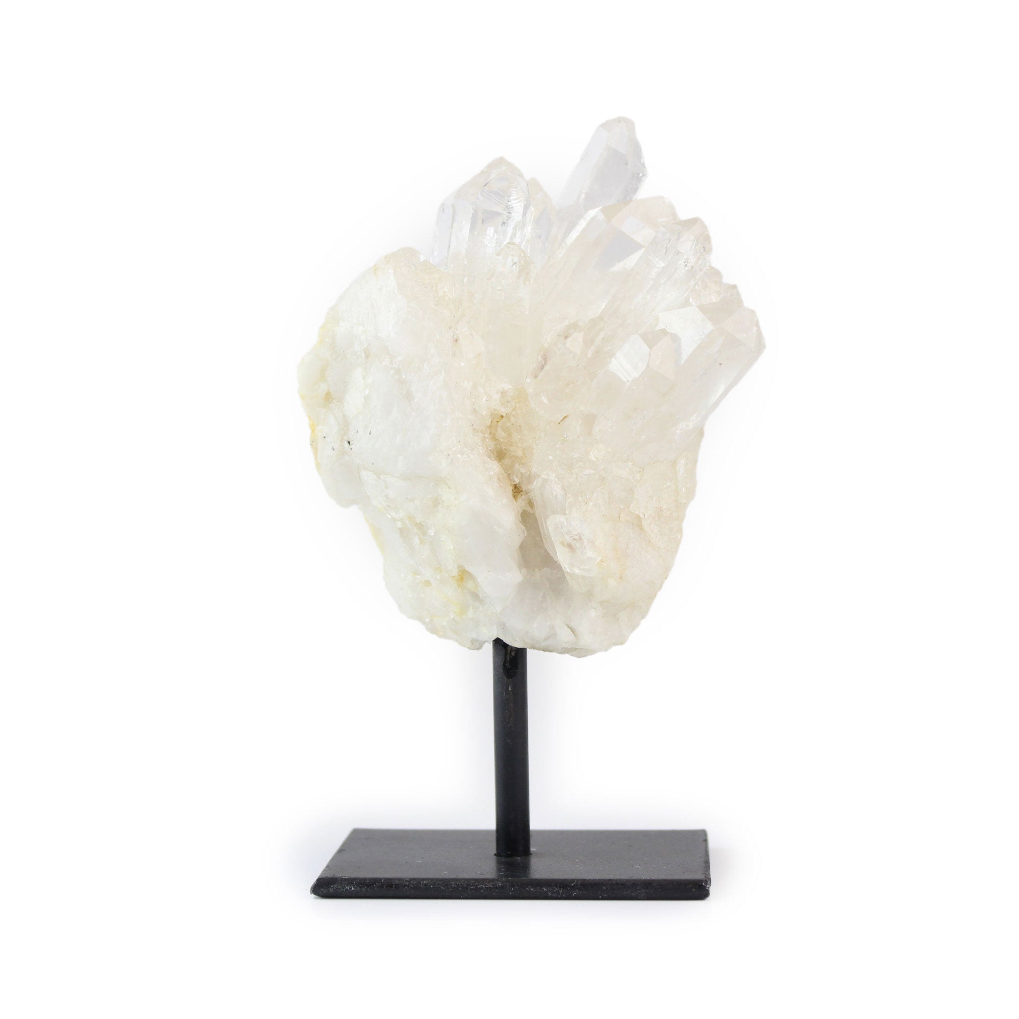 Raw quartz crystal displayed on a metal stand for home decor, front view against white background.