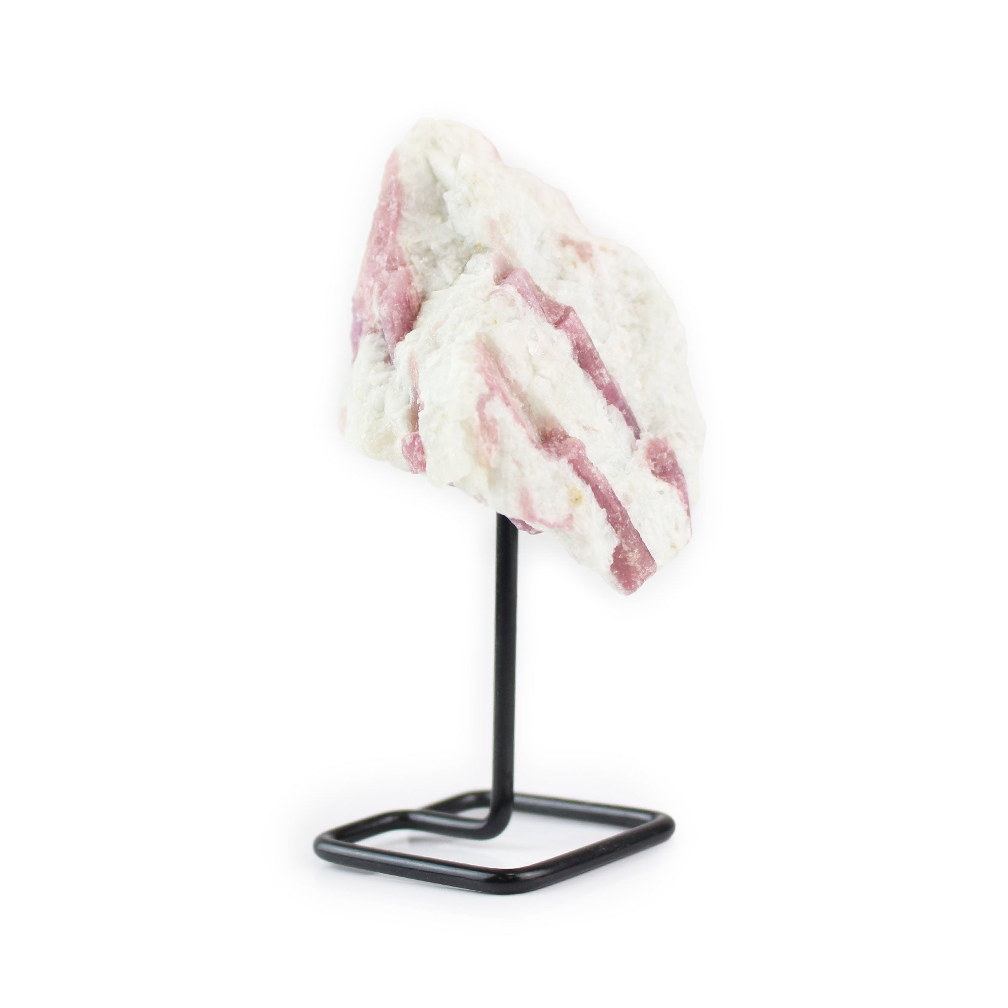 Left angled view of raw pink tourmaline crystal on metal stand.