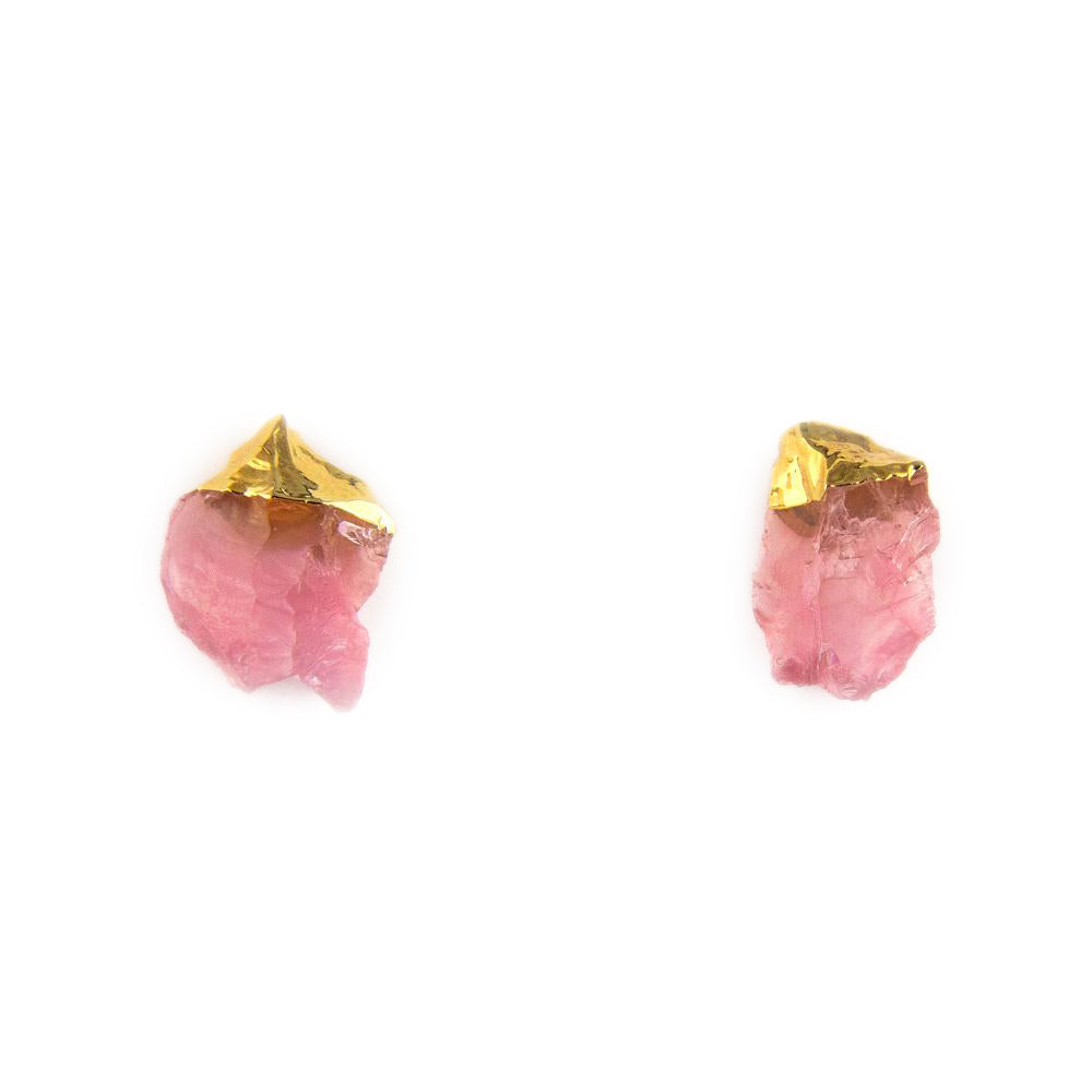 Front view of raw rose quartz stud earrings in gold-tone setting on white background.