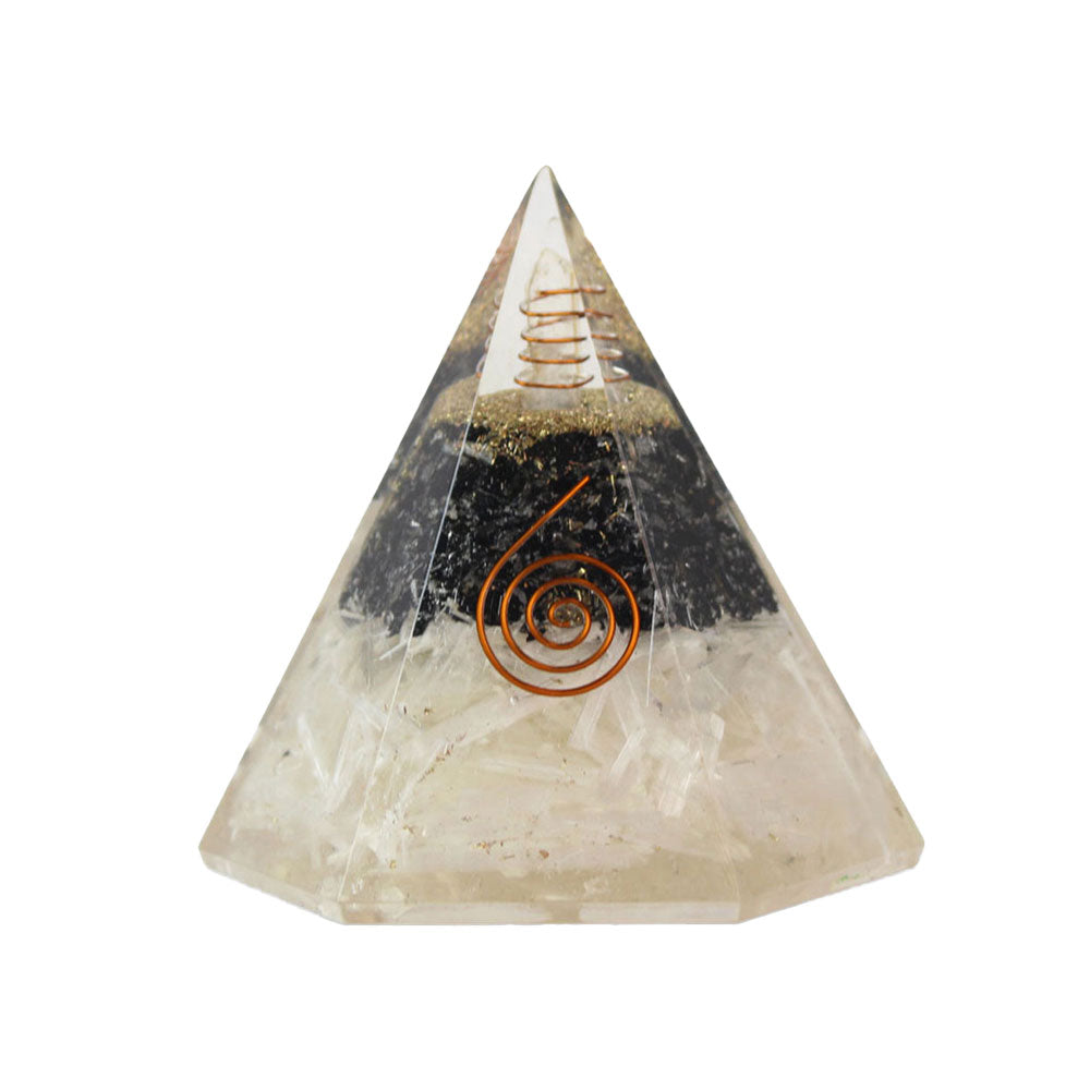 Selenite and Tourmaline Resin Pyramid