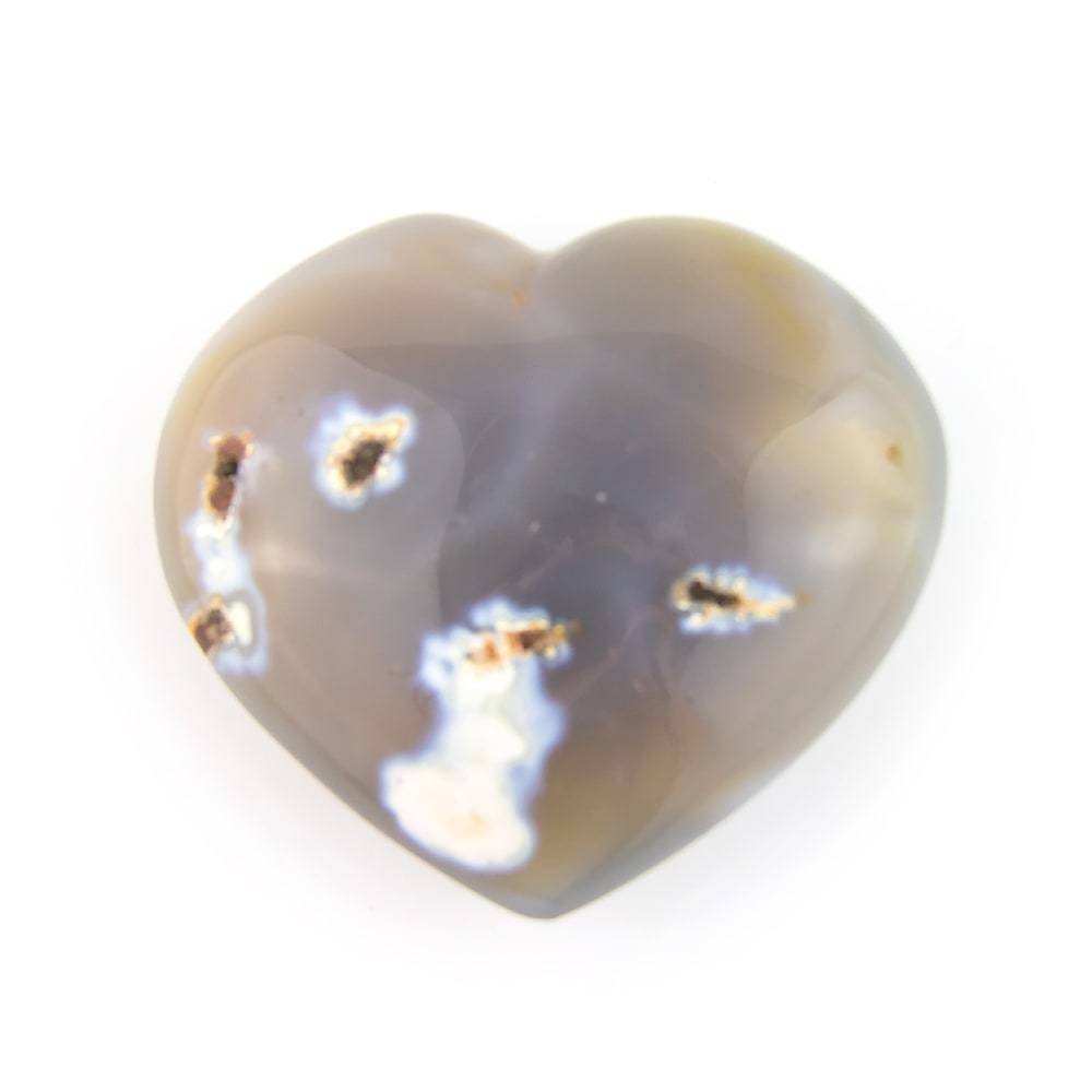 Polished agate heart stone, front view, heart-shaped polished agate with layered colors on white background.