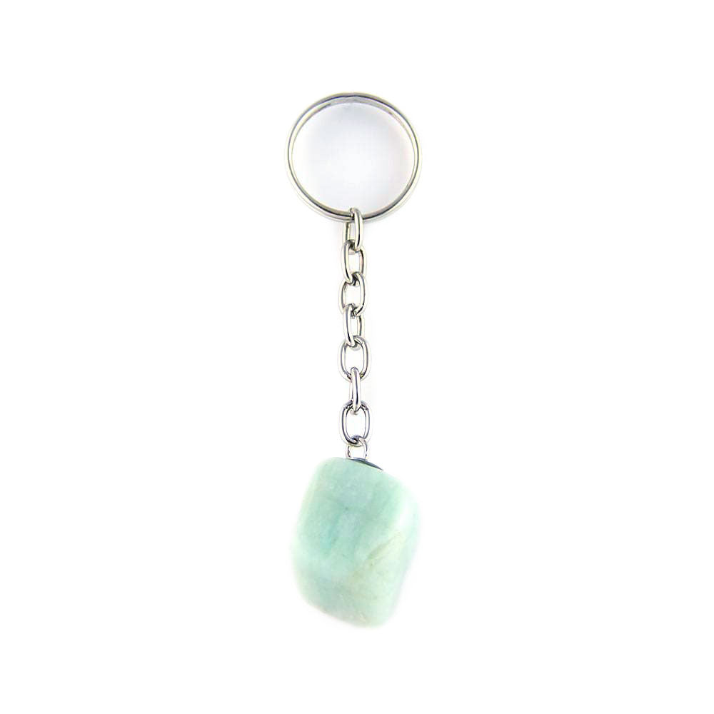 Amazonite keychain, tumbled green-blue stone attached to silver keyring on white background.