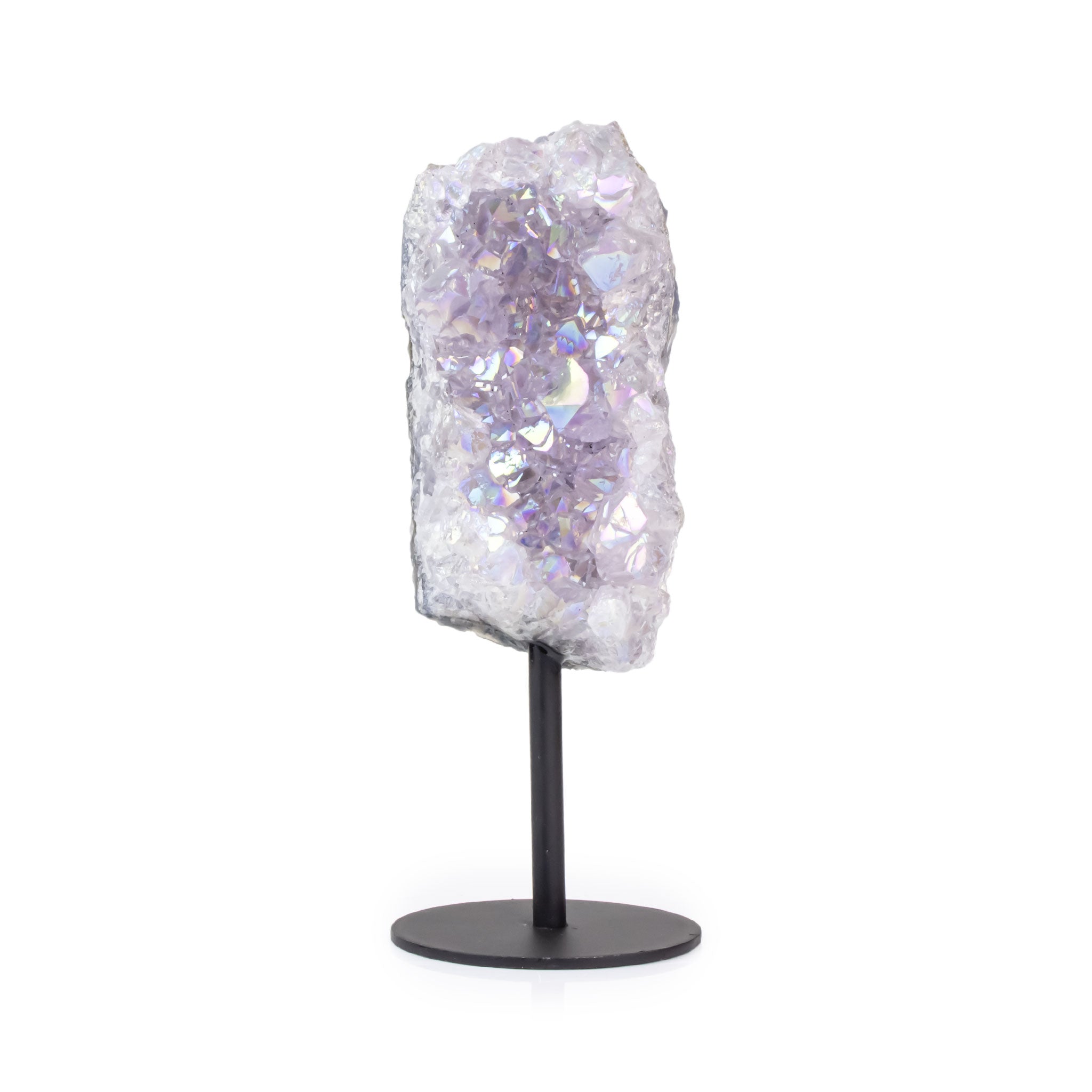 Amethyst aura cluster on metal base, front view showing iridescent crystals and reflective tones.