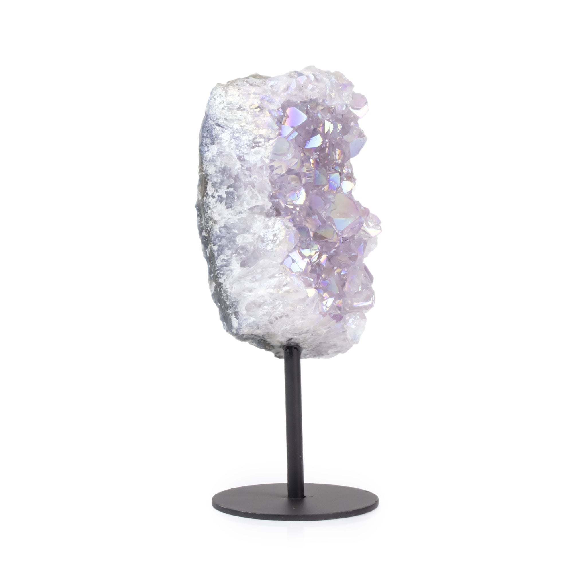 Amethyst aura on metal base, left angled view highlighting cluster formation and light shimmer.