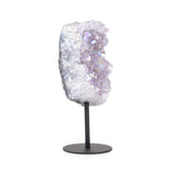 Amethyst aura on metal base, left angled view highlighting cluster formation and light shimmer.