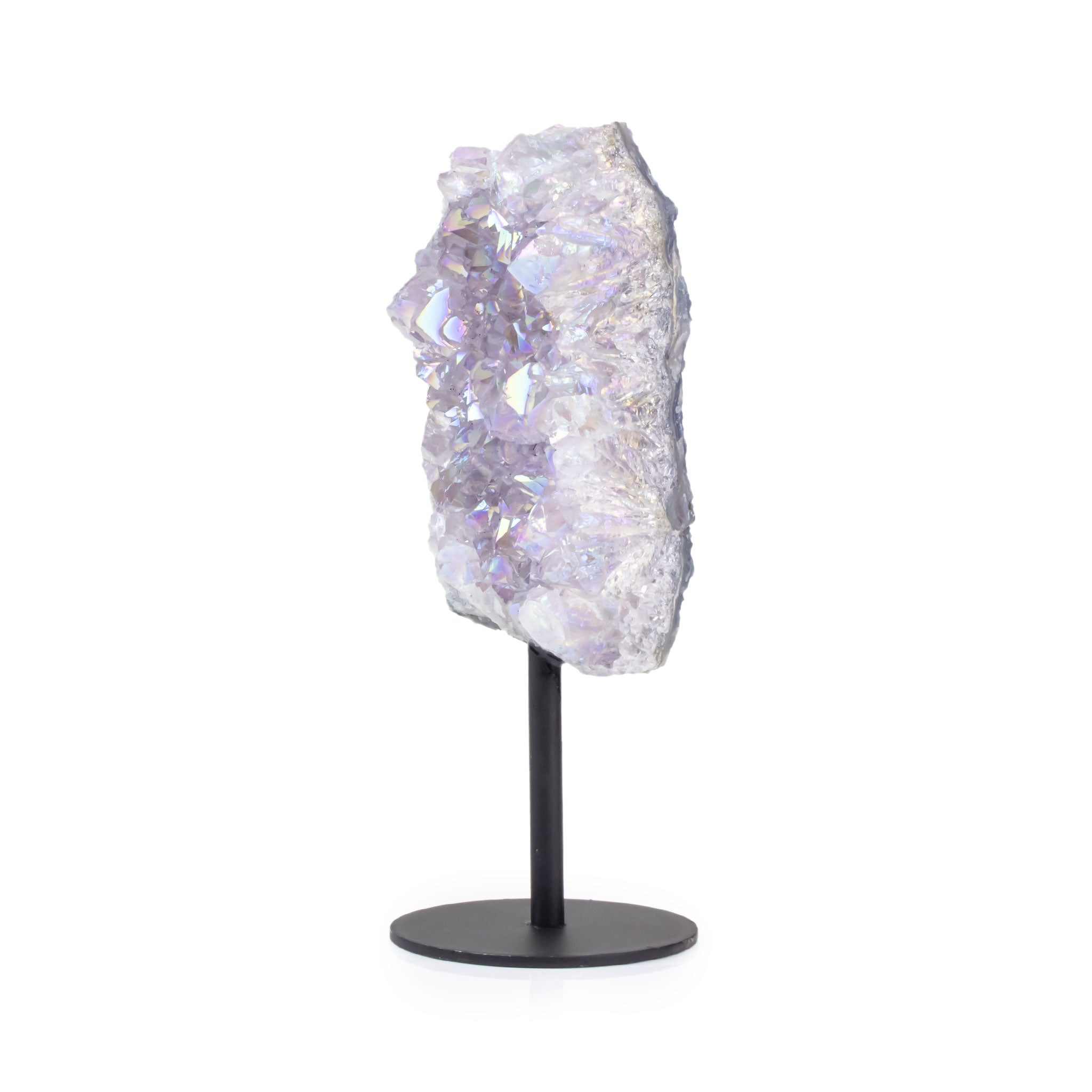 Amethyst aura on metal base, right angled view showing crystal texture and metallic stand.