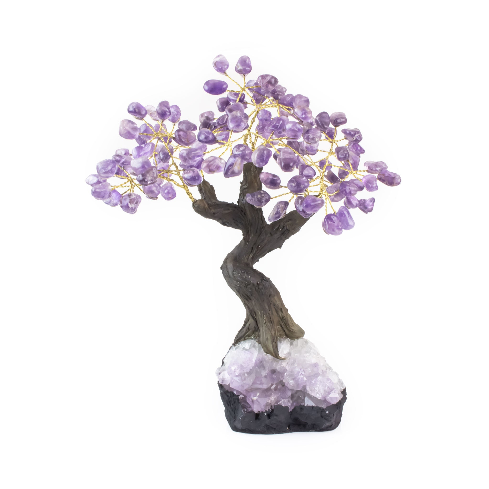 Large Amethyst bonsai tree sculpture with tumbled amethyst leaves on raw amethyst foundation.
