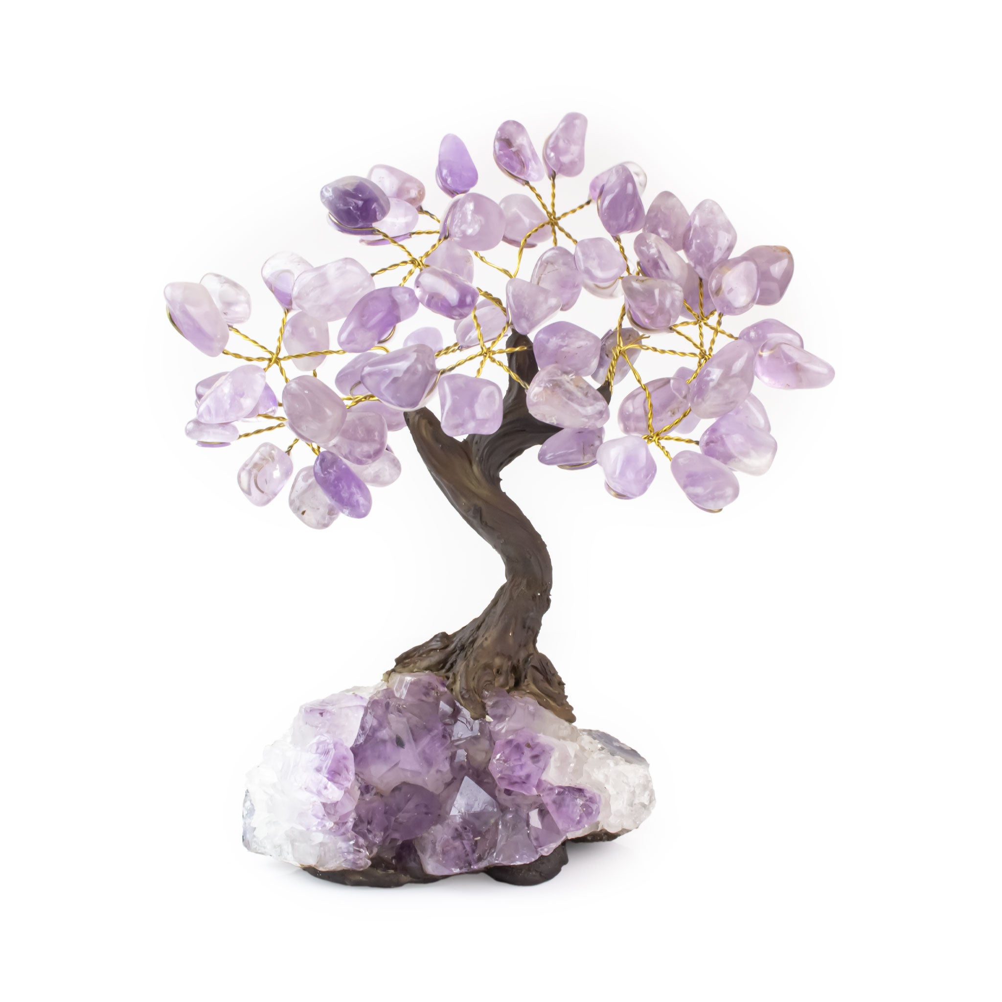 Medium Amethyst crystal bonsai tree with polished stones wired to amethyst base.