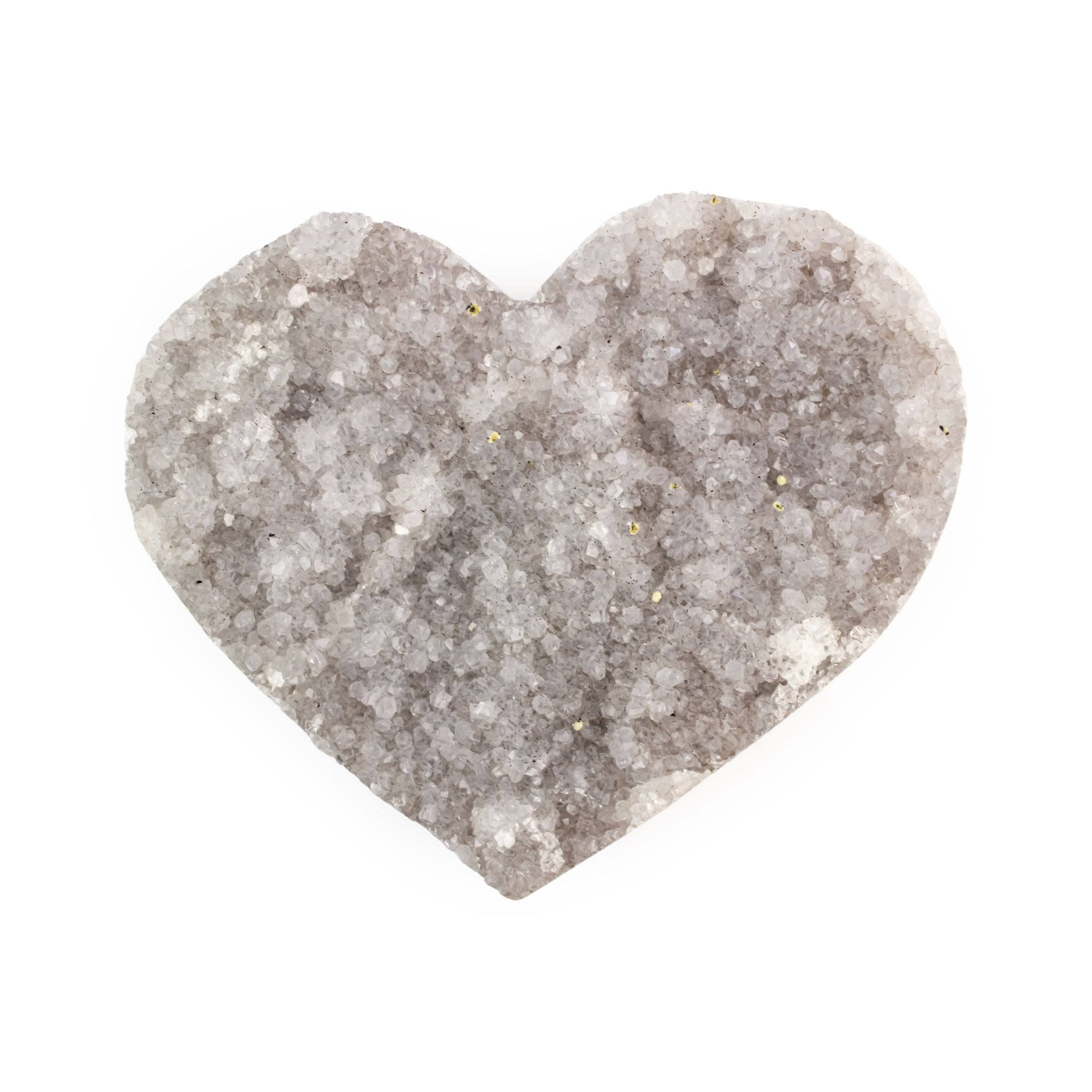 Front view of large Amethyst Gemstone Heart with crystal clusters in heart shape.