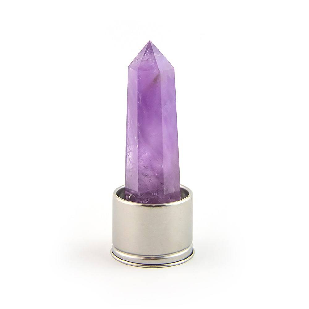 Amethyst crystal attachment for Aquarius Laterra Gemstone Water Bottle, front view on white background.