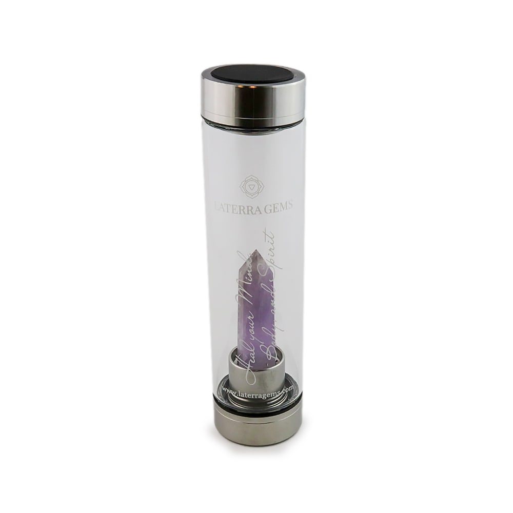Aquarius Laterra Gemstone Water Bottle with amethyst crystal attachment inside clear glass bottle on white background.