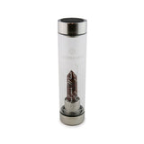 Aries Laterra Gemstone Water Bottle with Red Jasper crystal attachment inside clear glass bottle on white background.