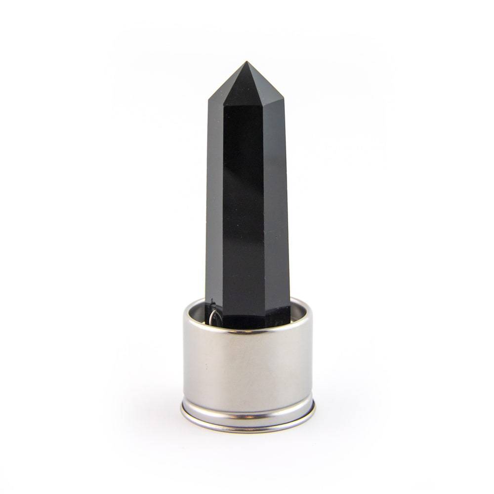 Obsidian crystal attachment for Capricorn Laterra Gemstone Water Bottle, front view on white background.