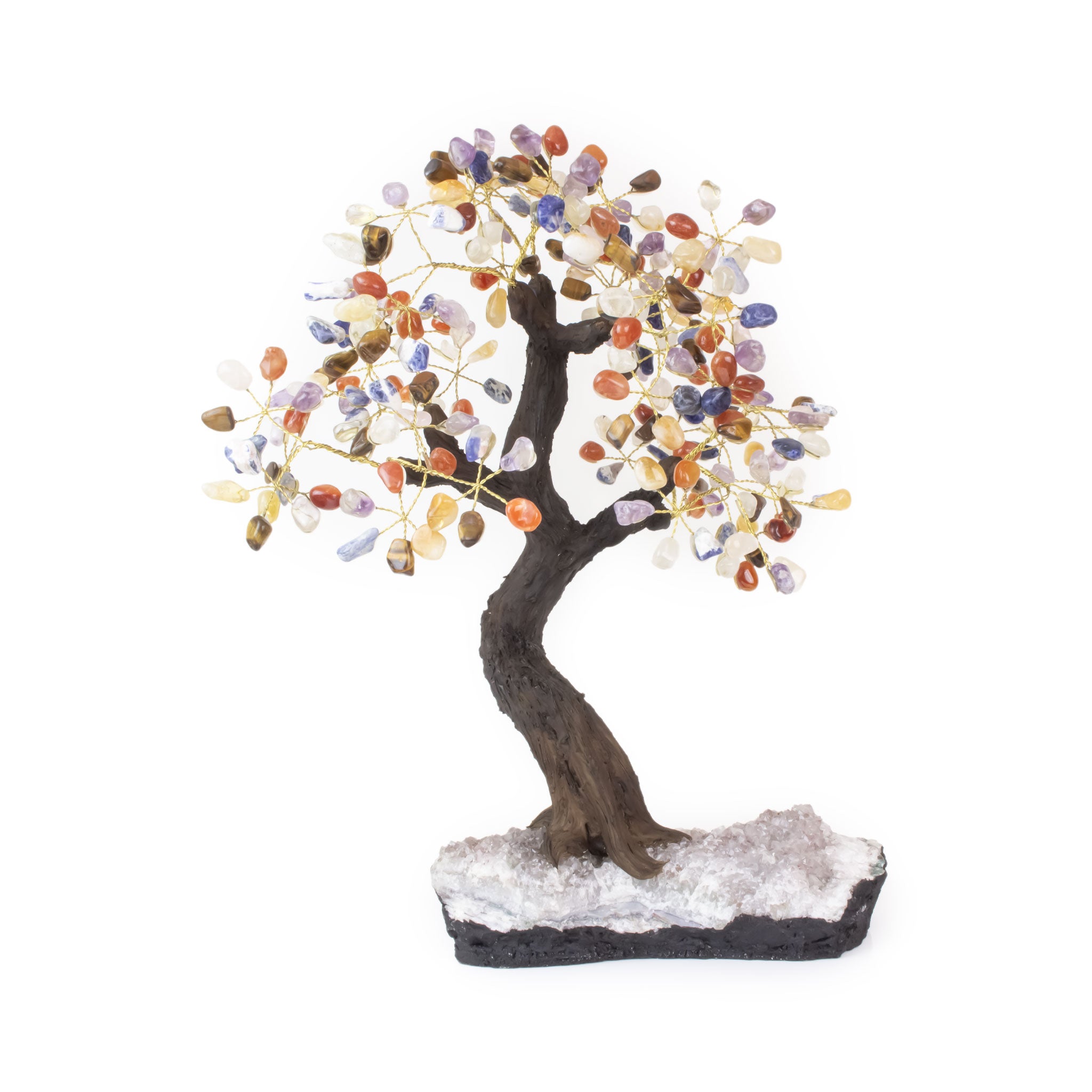 Oversized Chakra bonsai tree with tumbled gemstones on amethyst base for luxury crystal décor and meditation.