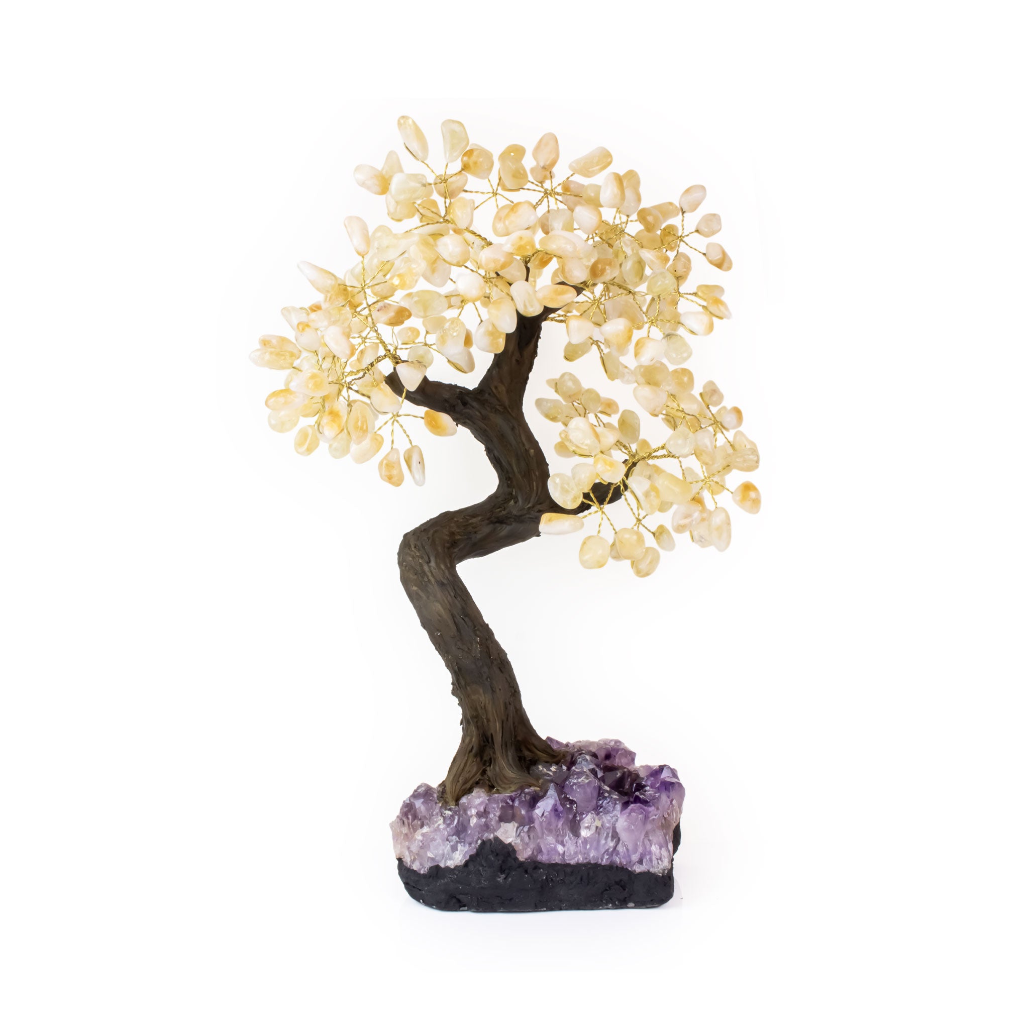 Oversized citrine crystal bonsai tree on amethyst base for powerful feng shui energy and prosperity.