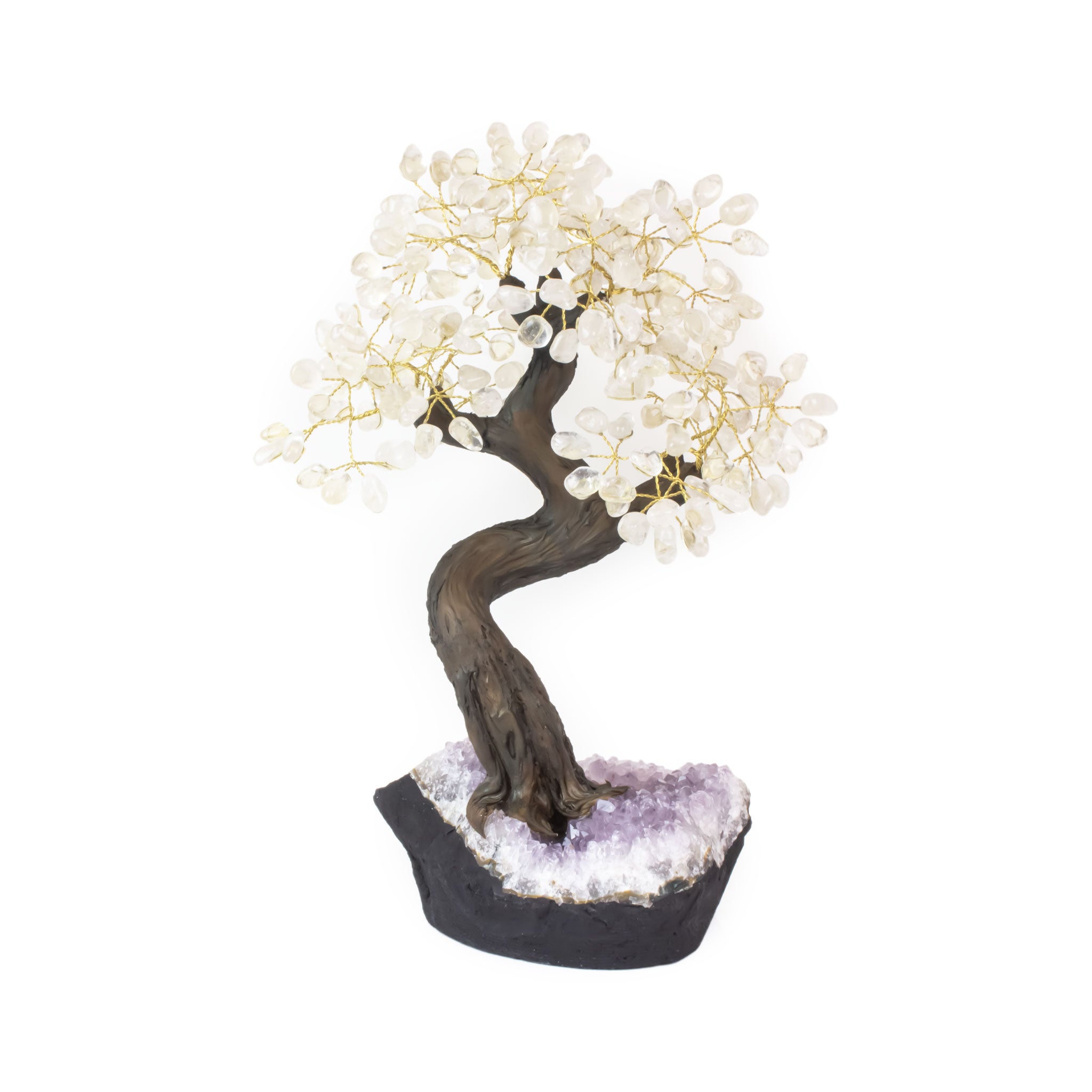 Oversized Crystal Quartz bonsai tree with tumbled quartz stones on amethyst base for manifestation and energy balance.