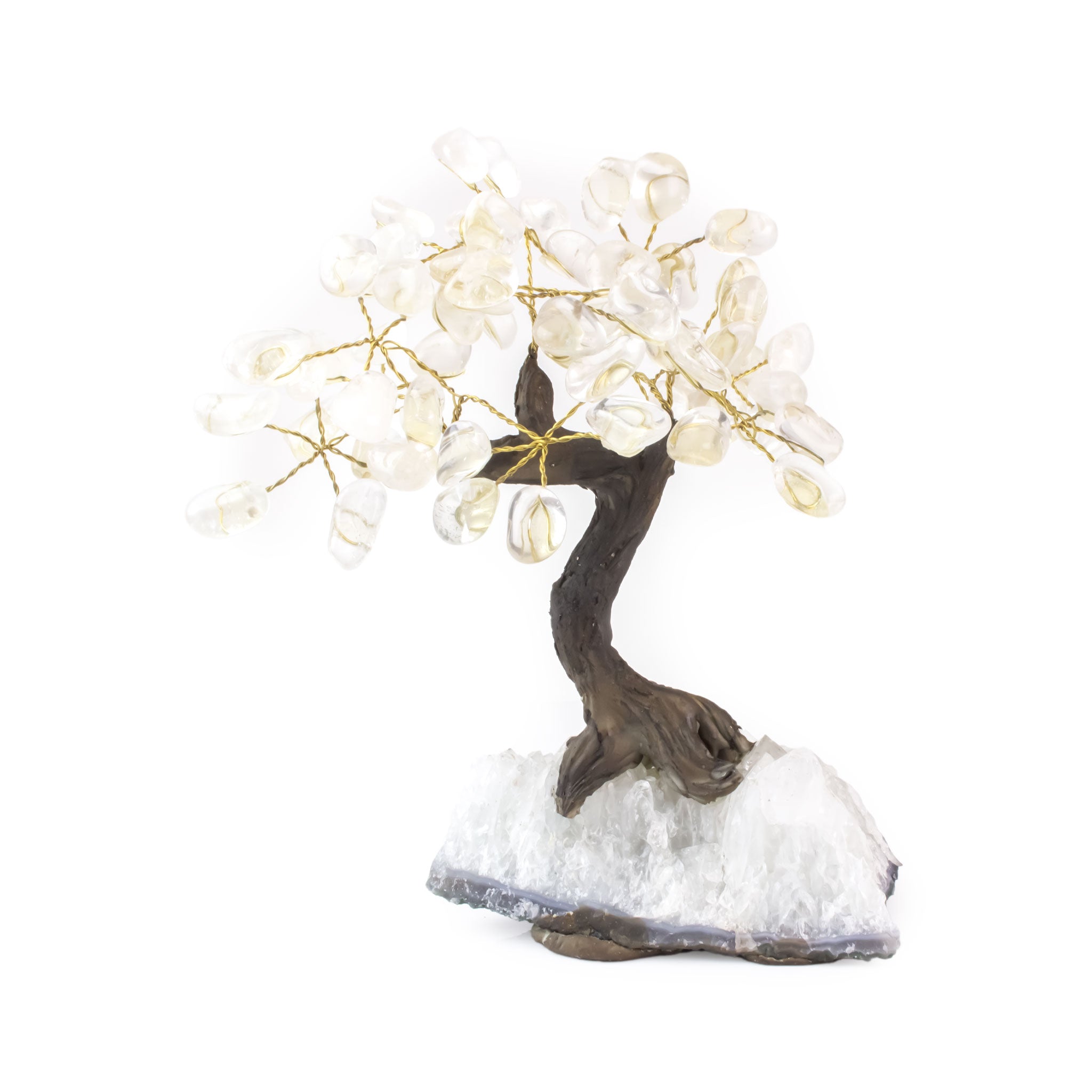 Medium Crystal Quartz bonsai tree with polished quartz stones wired to amethyst base.