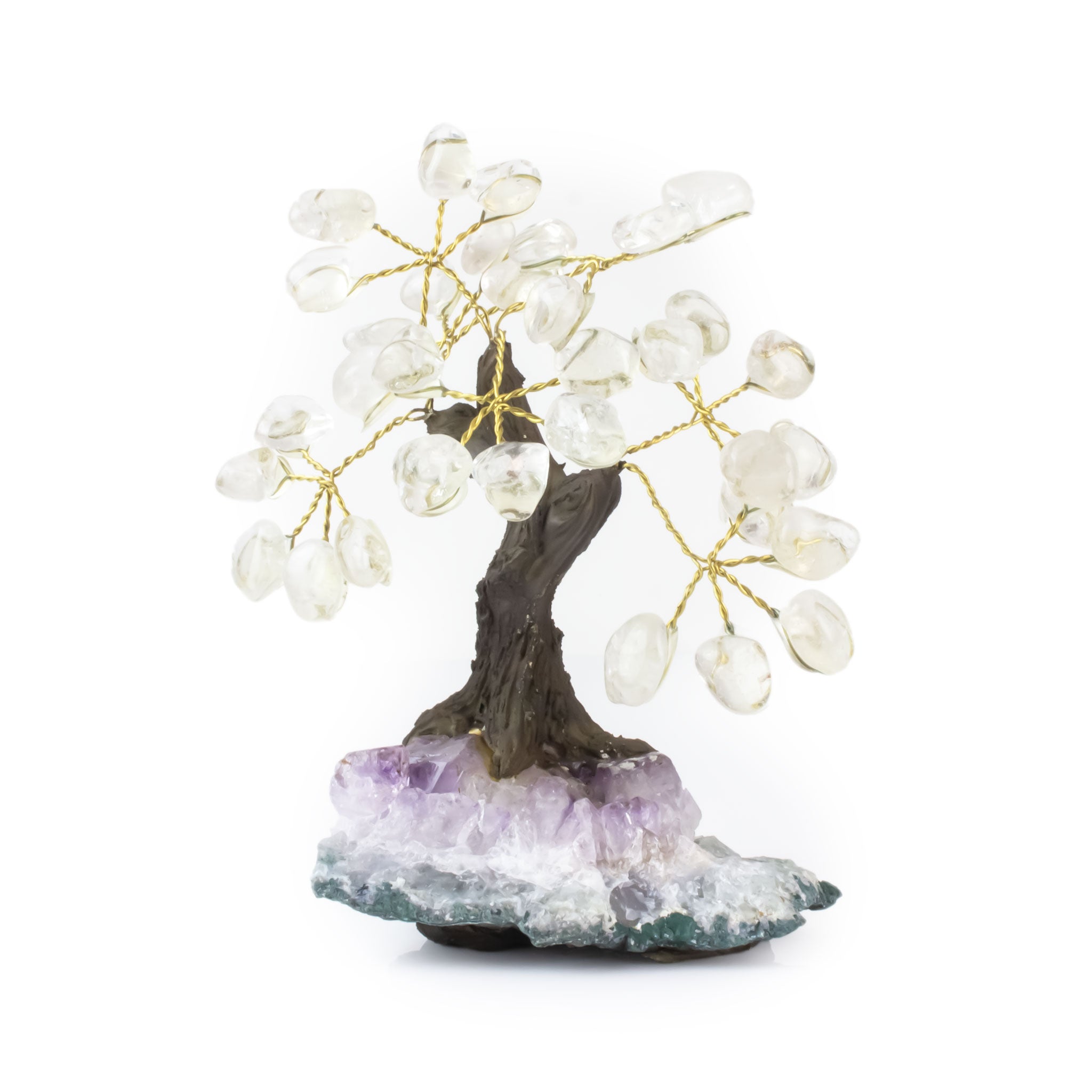 Small Crystal Quartz bonsai tree with tumbled clear quartz leaves on raw amethyst base.