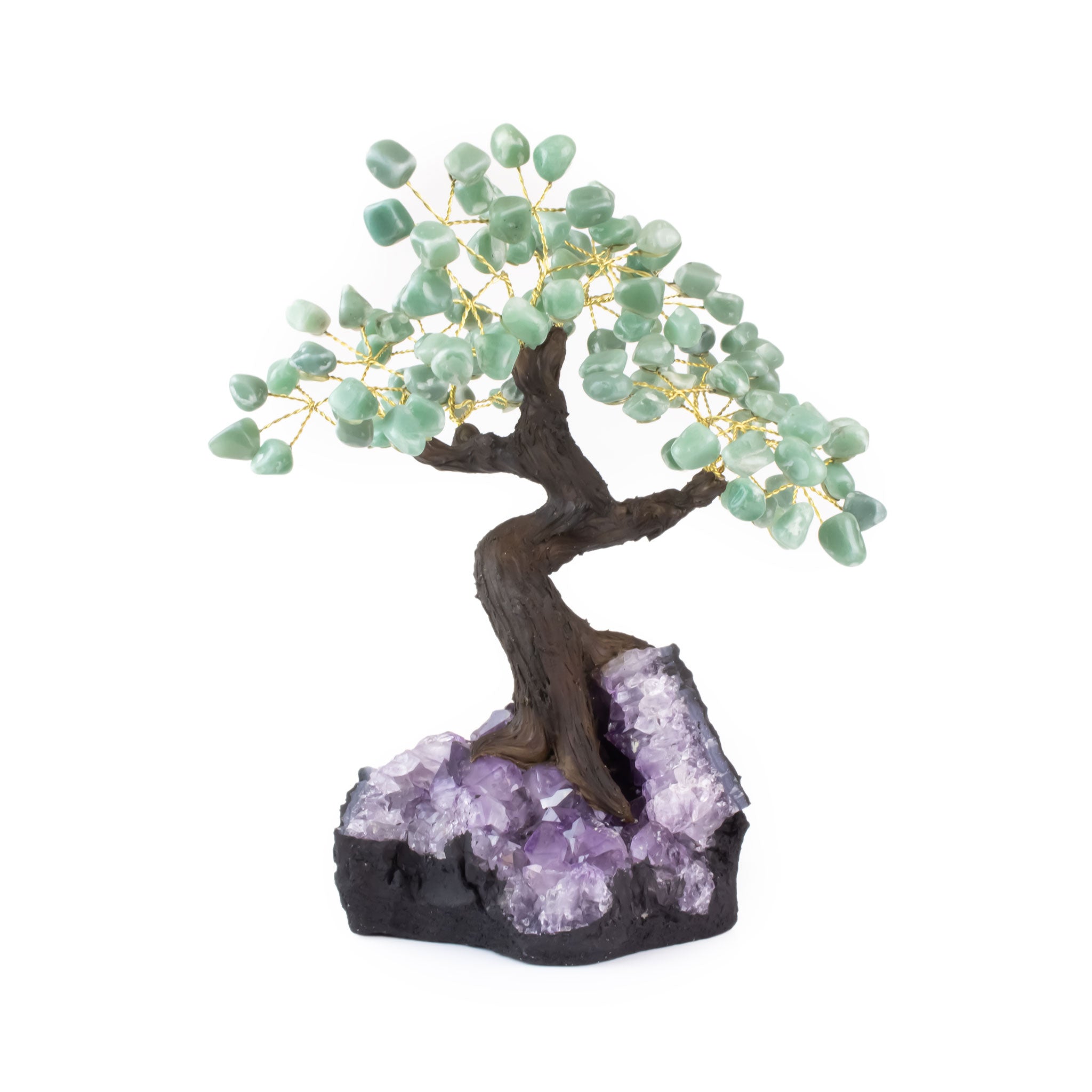 Large green quartz bonsai tree sculpture with tumbled green quartz leaves on amethyst foundation.