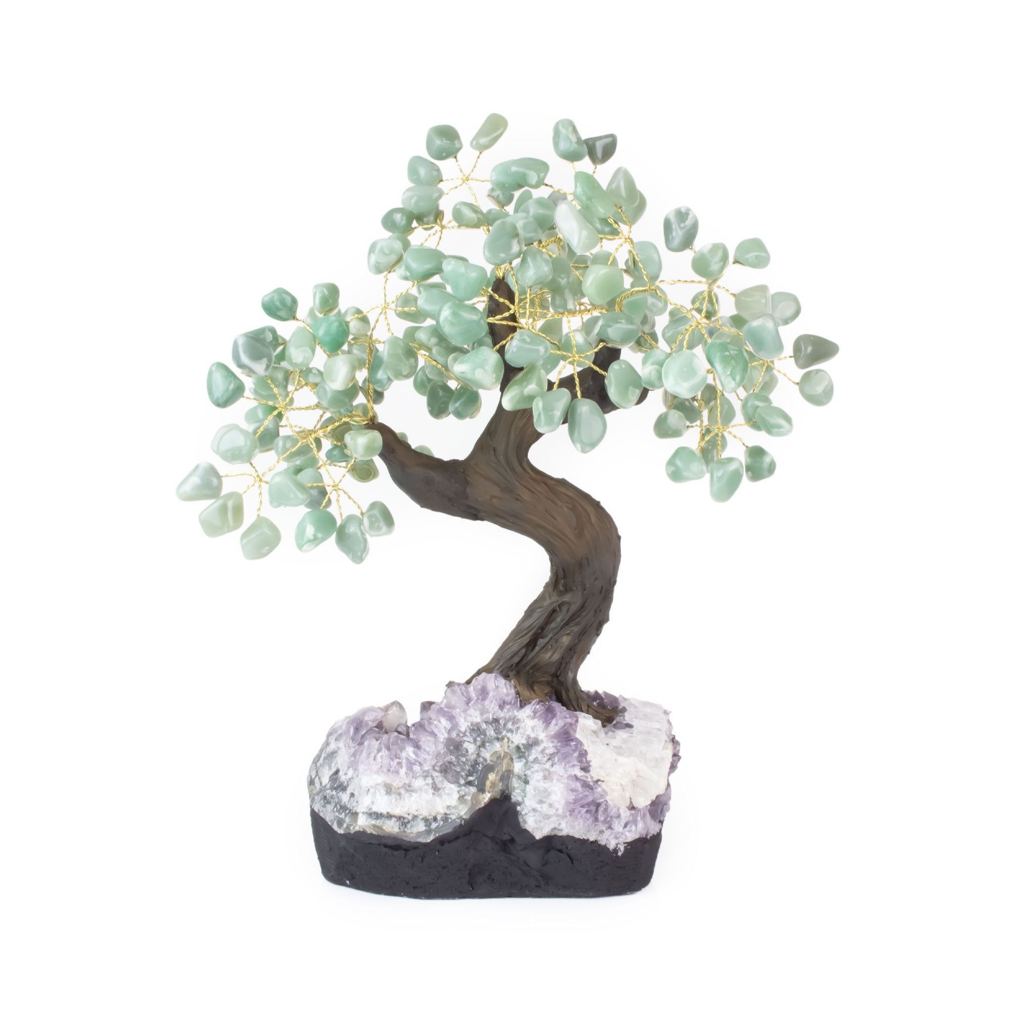 Extra-large green quartz bonsai tree rooted in raw amethyst base for healing, abundance, and décor.