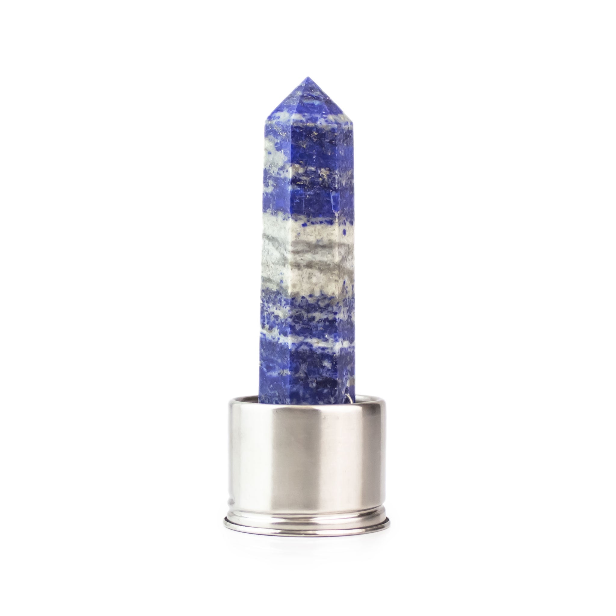 Lapis Lazuli attachment for Laterra Gemstone Water Bottle, polished crystal point in metal base on white background.