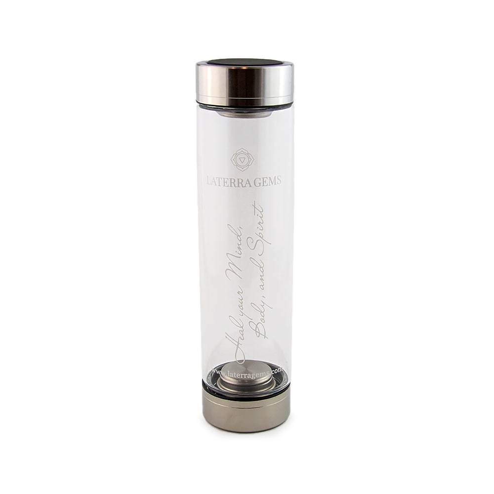 Laterra Gemstone Water Bottle front view showing logo and clear glass body on white background.