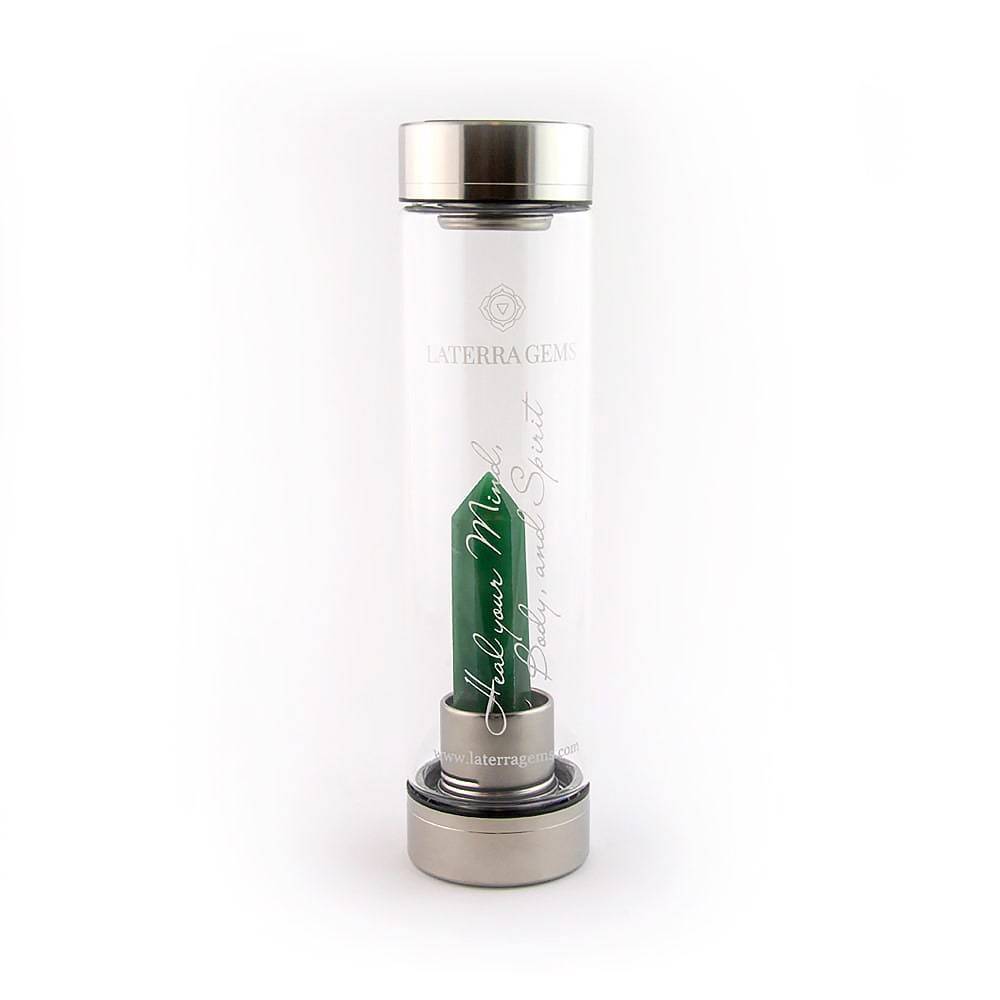 Laterra Gemstone Water Bottle with green quartz crystal point attachment inside glass bottle.