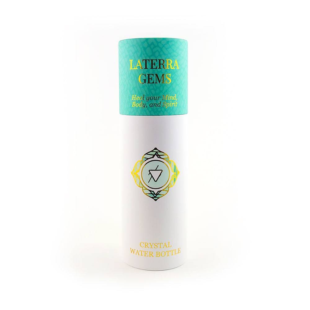 Front of Laterra Gems packaging box for gemstone water bottle.