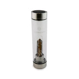 Leo Laterra Gemstone Water Bottle with tiger eye crystal attachment inside clear glass bottle on white background.