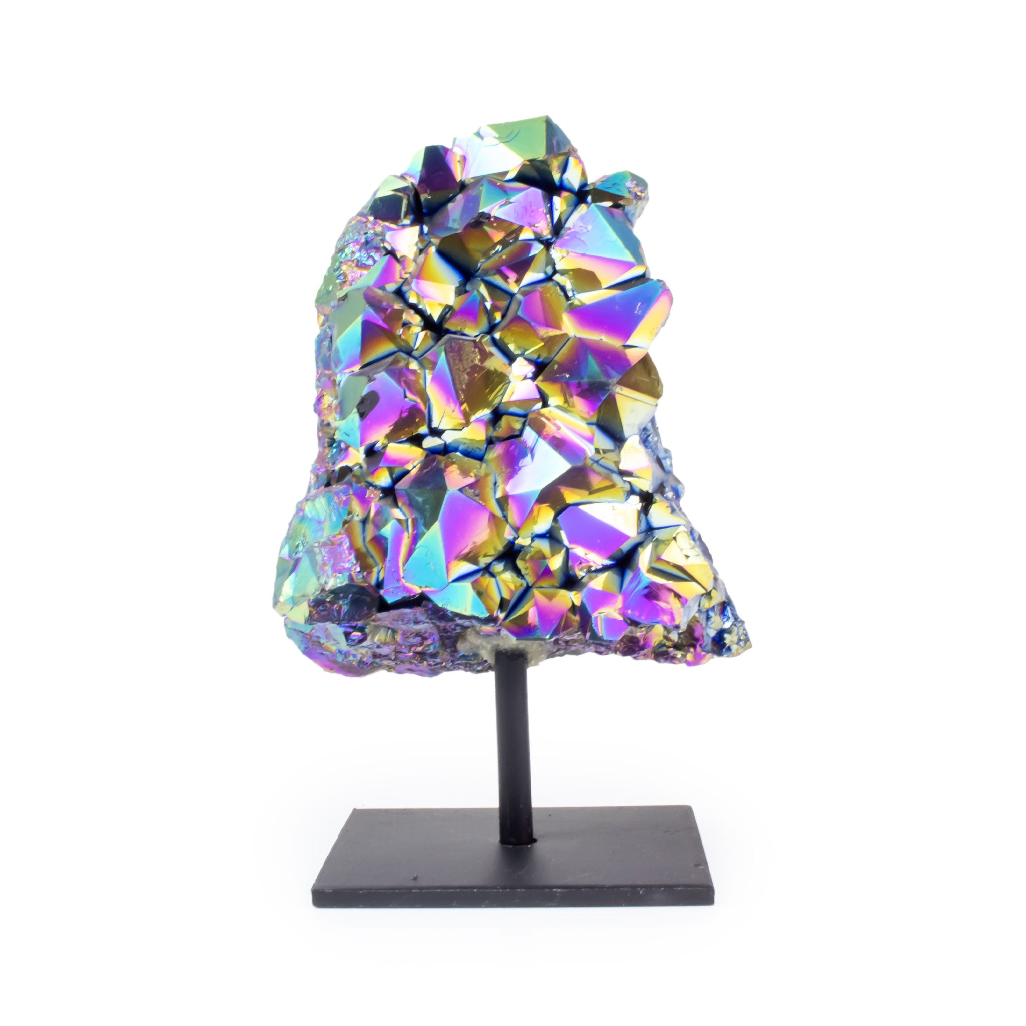 Large rainbow titanium quartz on black metal base, front facing, colorful iridescent quartz cluster on white background.