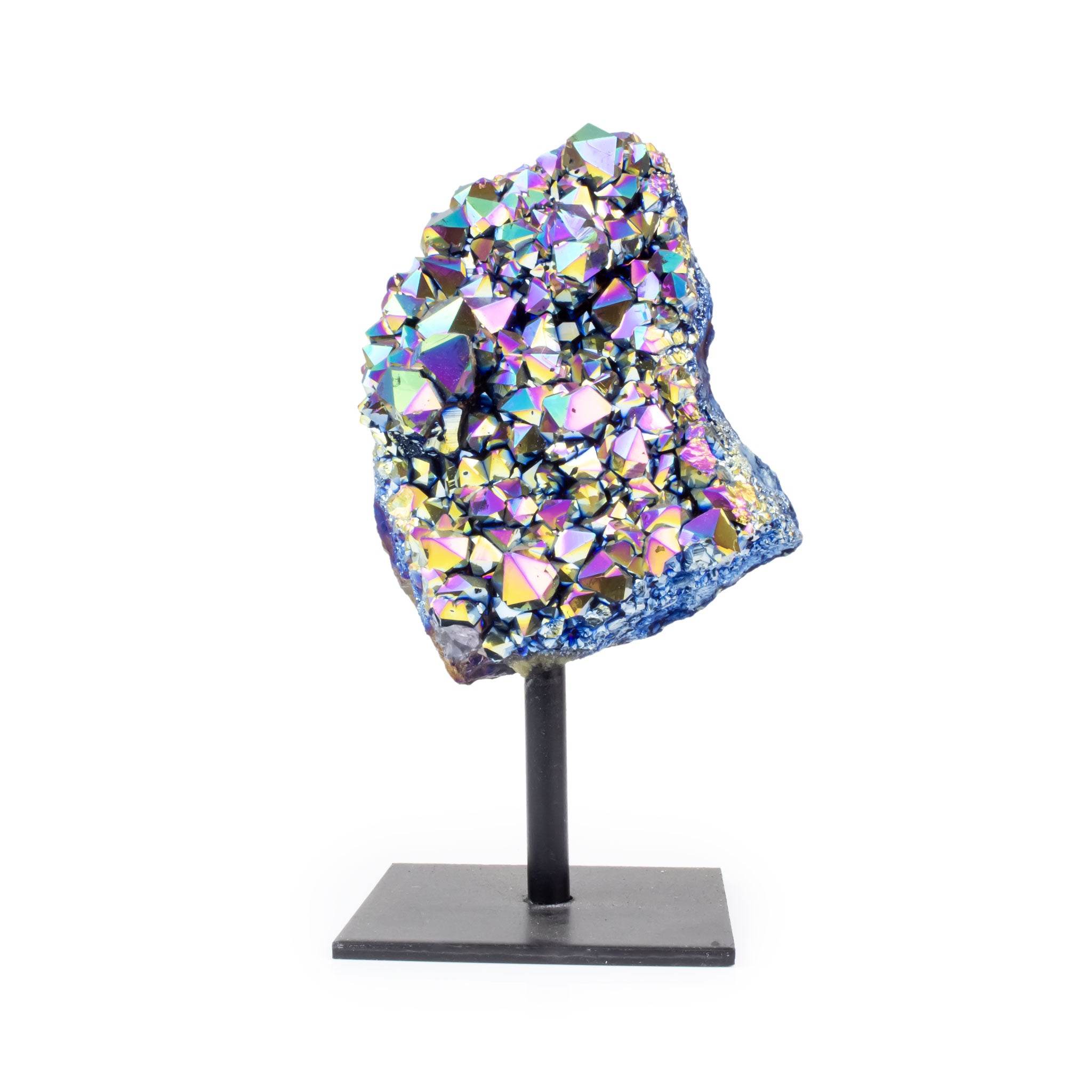 Medium rainbow titanium quartz on black metal base, front facing, vivid rainbow tones against white background.