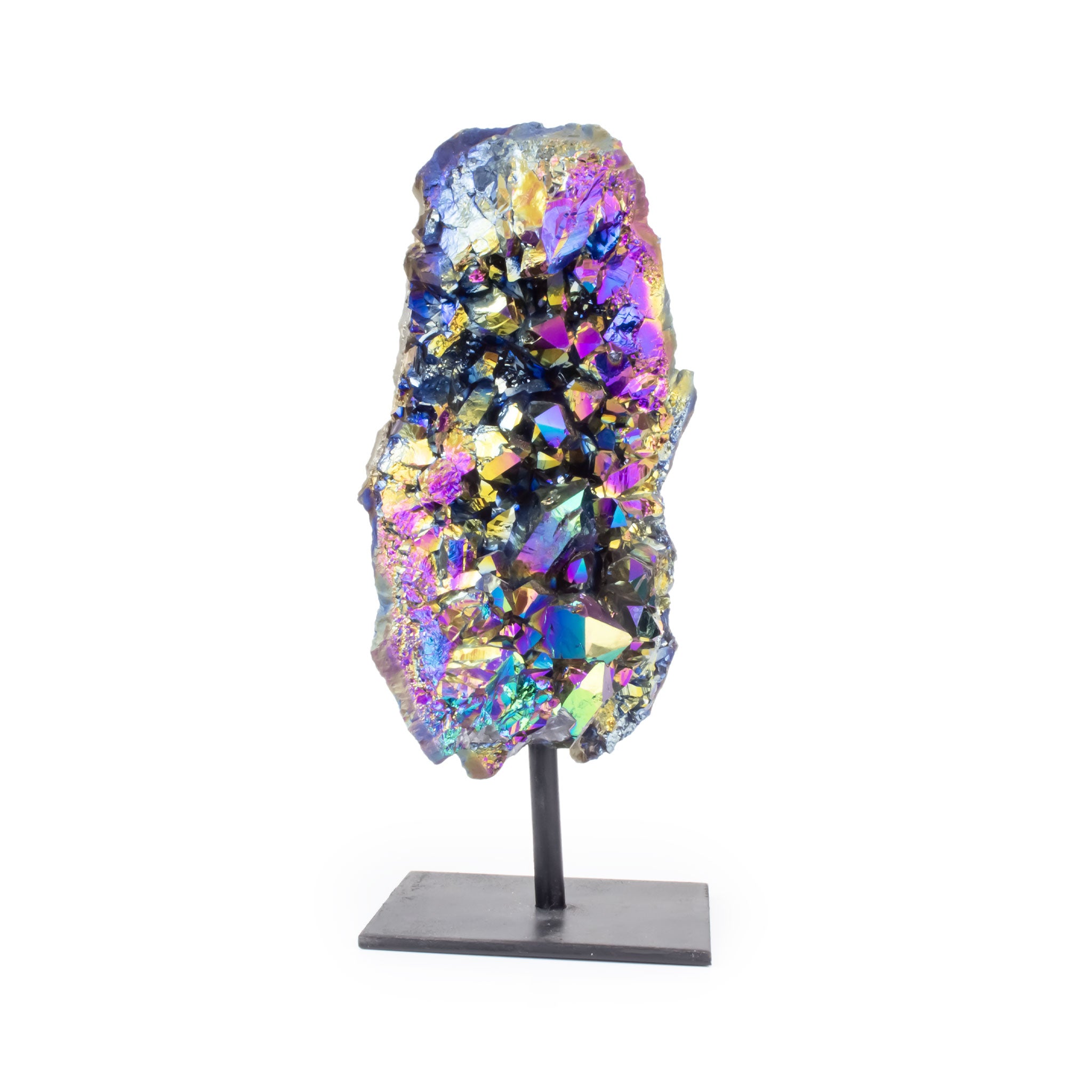 Small rainbow titanium quartz on black metal base, front facing, iridescent colors on white background.