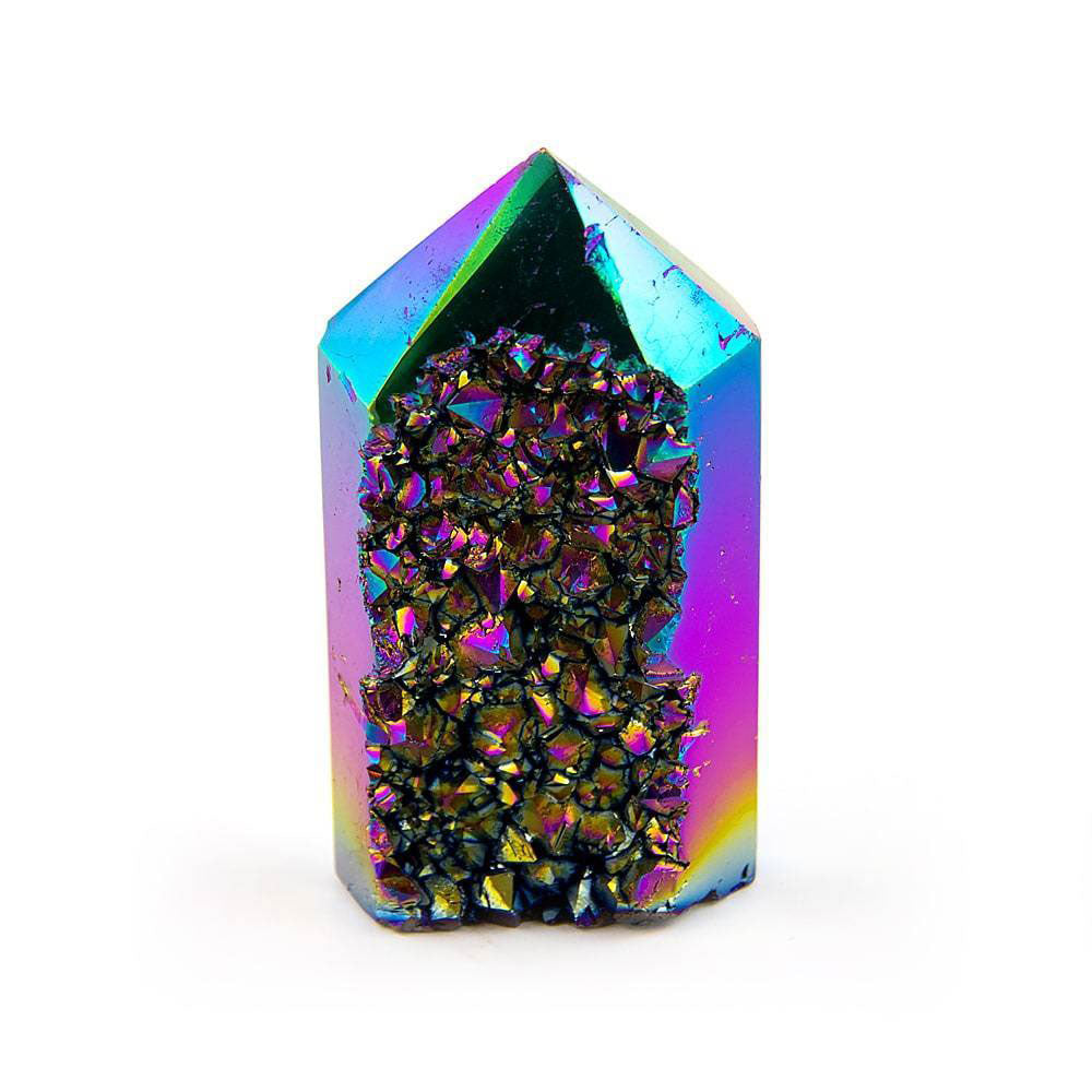 Rainbow Titanium Point, close-up front view showing reflective titanium coating and natural crystal structure.