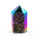 Rainbow Titanium Point, close-up front view showing reflective titanium coating and natural crystal structure.