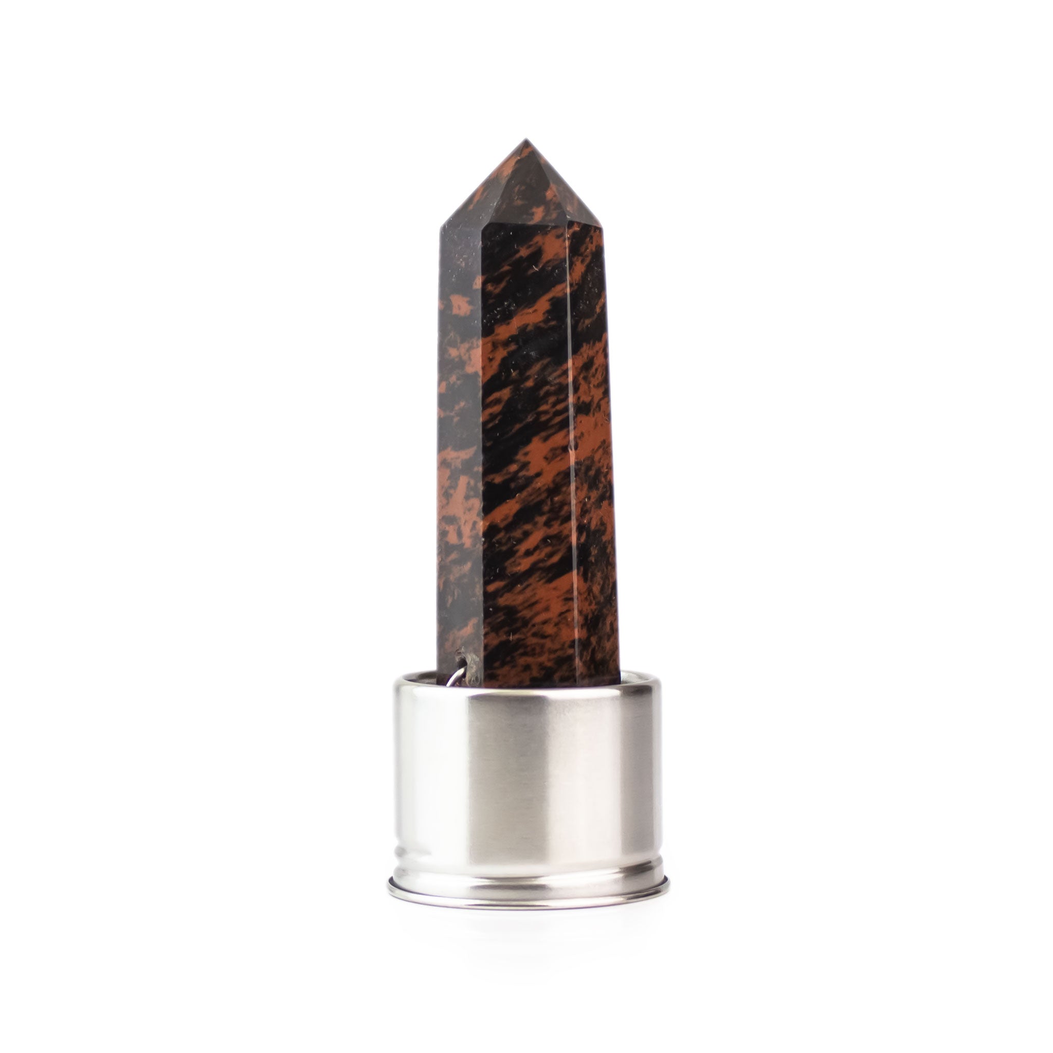 Red jasper attachment for Laterra Gemstone Water Bottle, polished crystal point in metal base on white background.