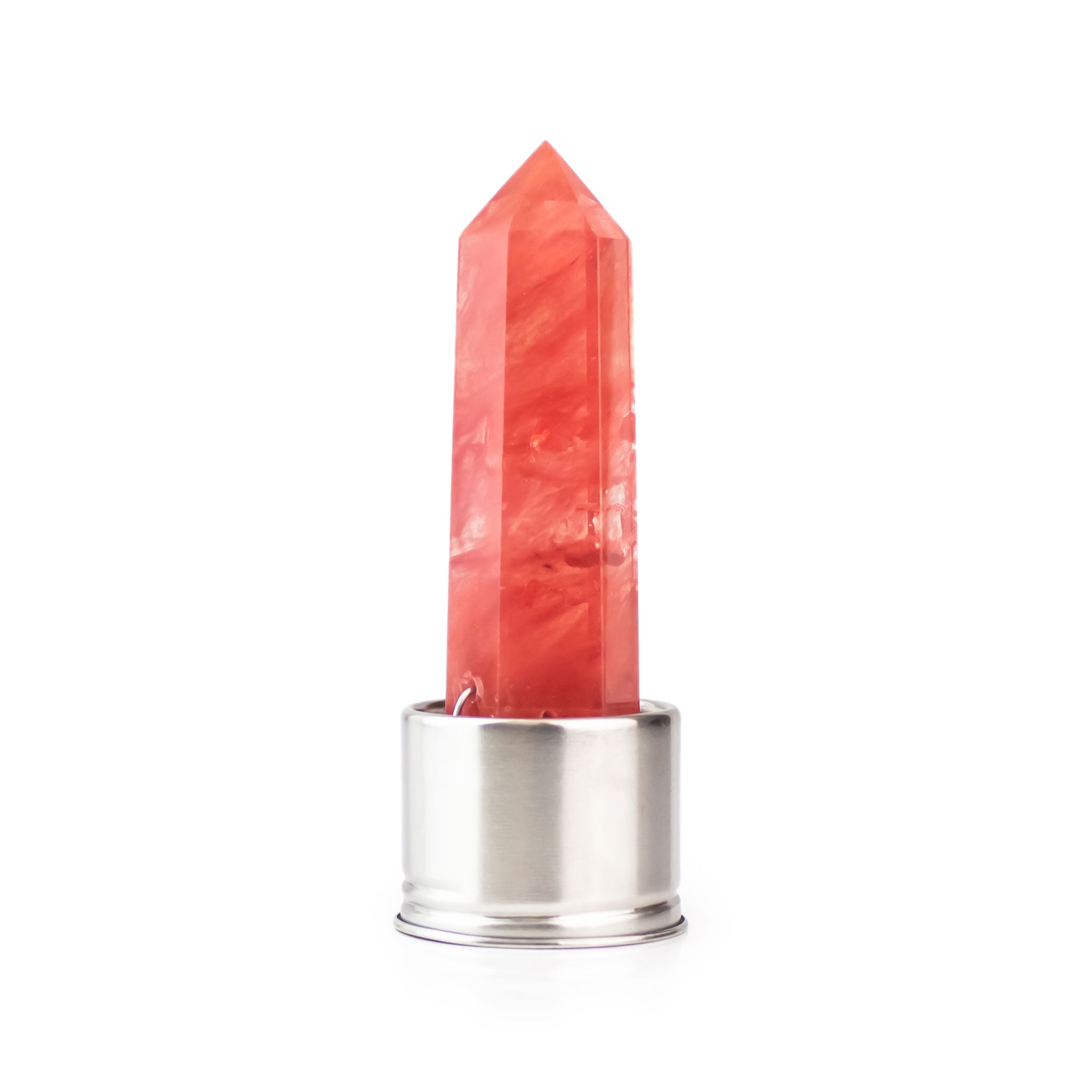 Red smelting quartz attachment for Laterra Gemstone Water Bottle, polished crystal point in metal base on white background.