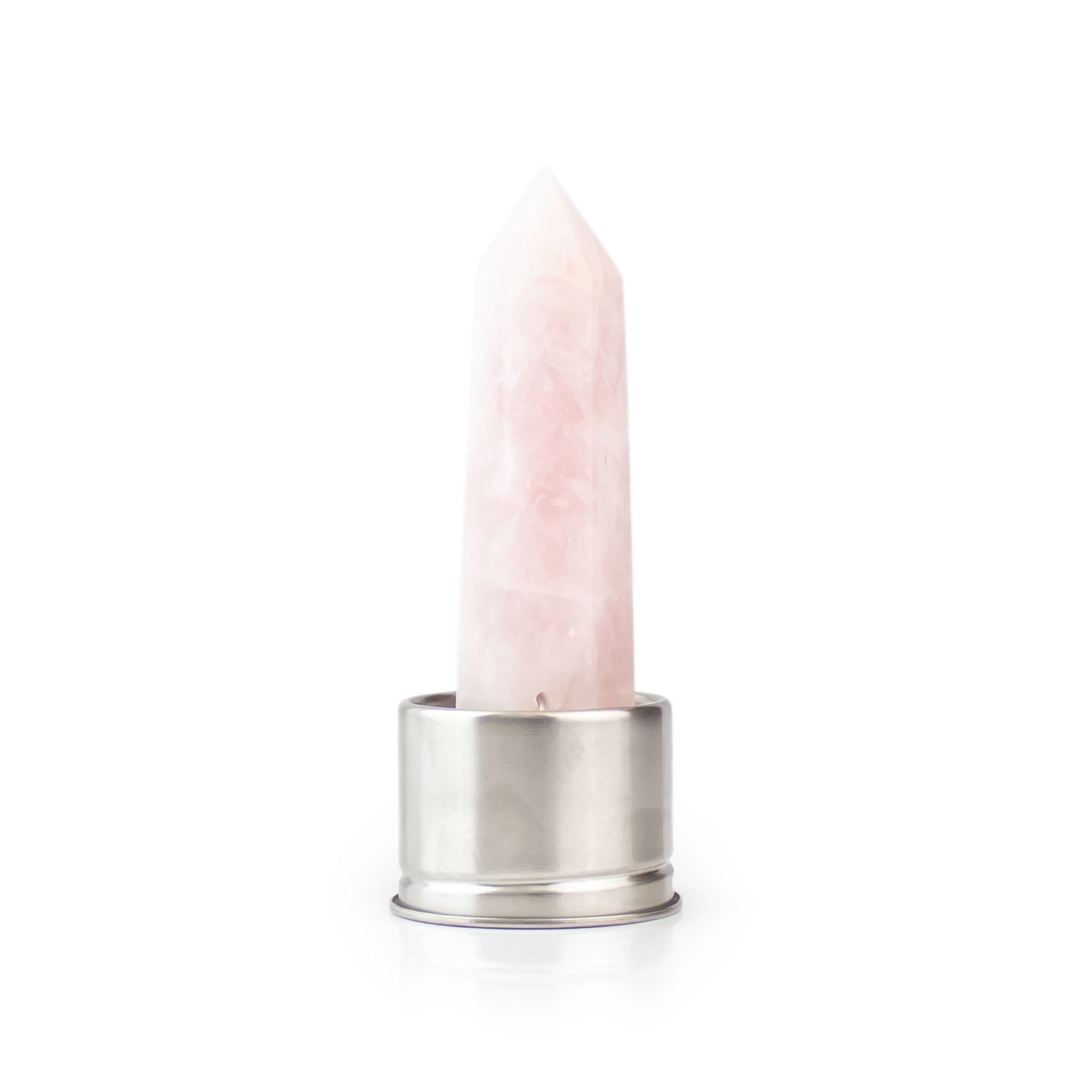 Rose quartz attachment for Laterra Gemstone Water Bottle, polished crystal point in metal base on white background.