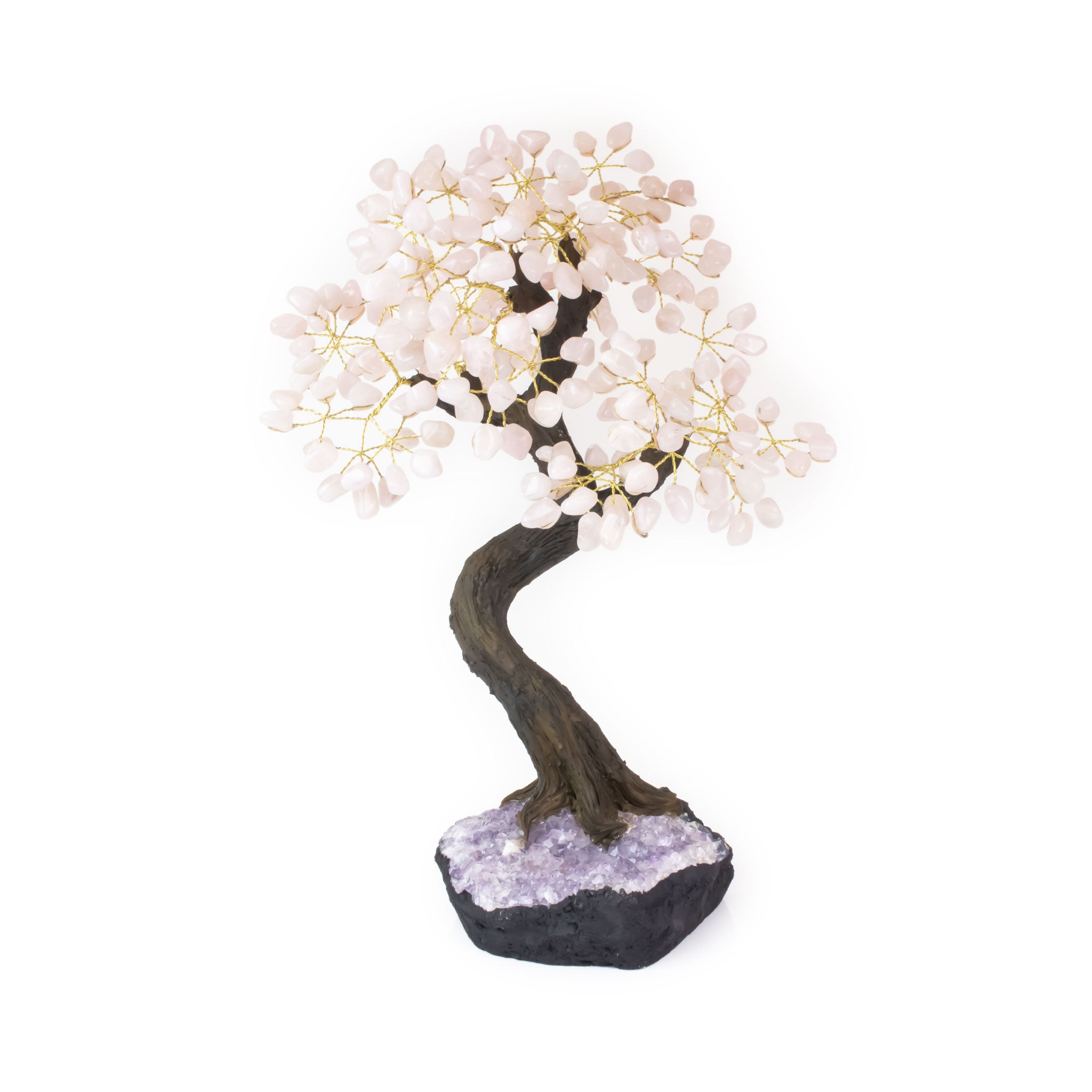 Oversized Rose Quartz bonsai tree with tumbled stones on amethyst base for luxury crystal décor and meditation.