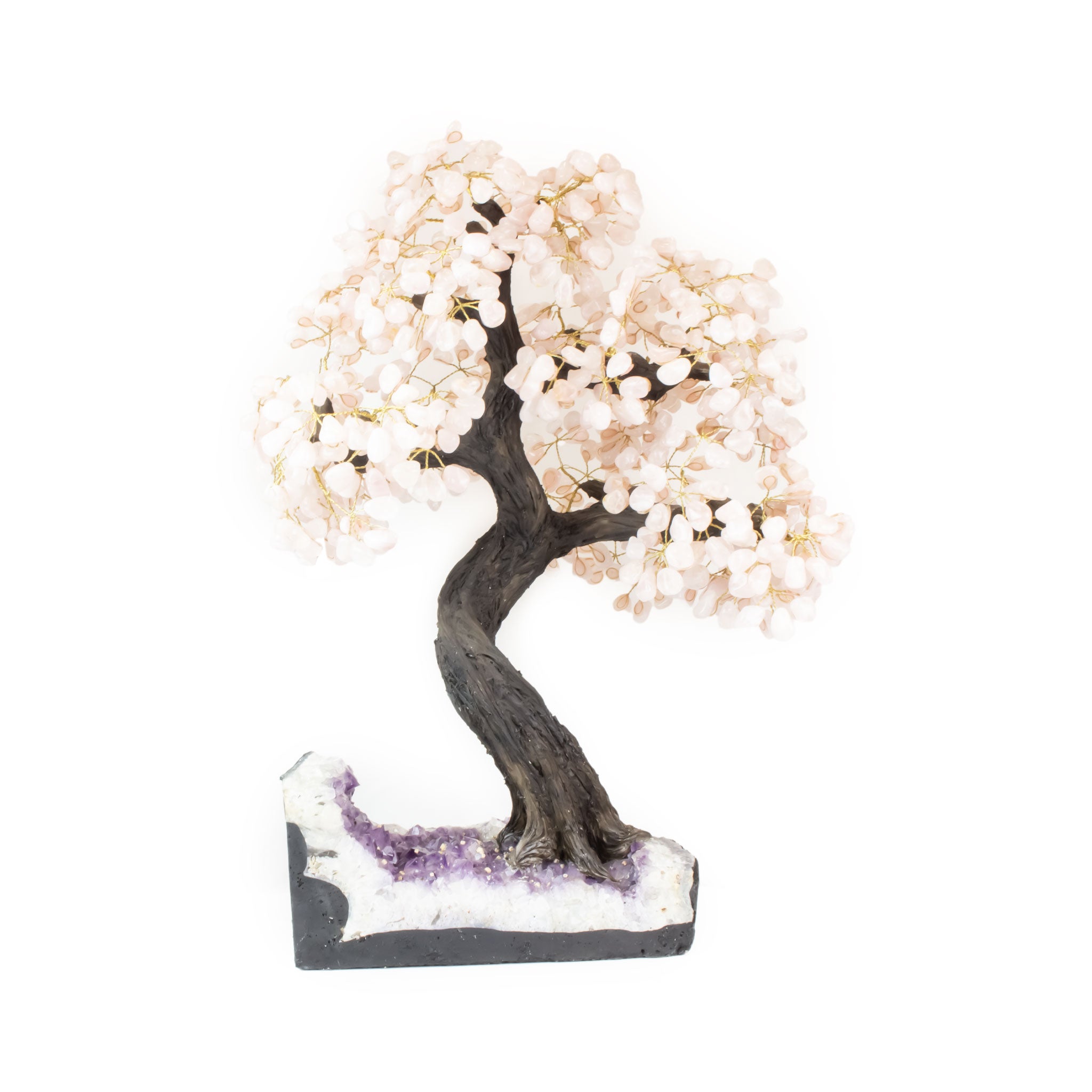 Luxury 4XL Rose Quartz bonsai tree on raw amethyst base, premium décor for love, abundance, and manifestation.