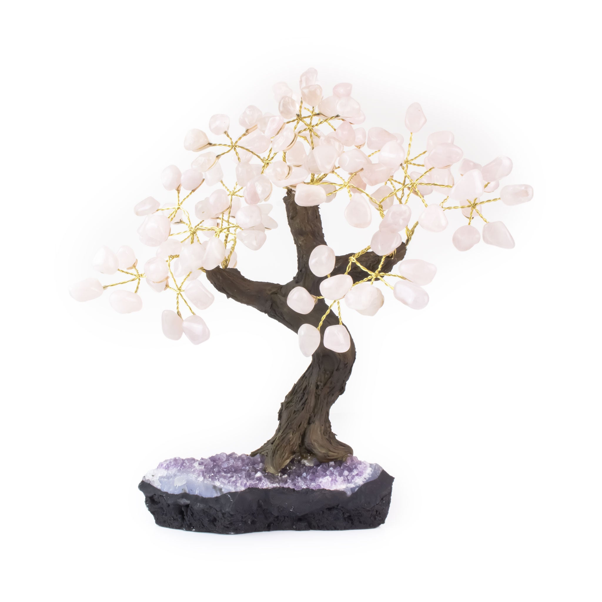 Large Rose Quartz bonsai tree sculpture with tumbled rose quartz leaves on raw amethyst foundation.