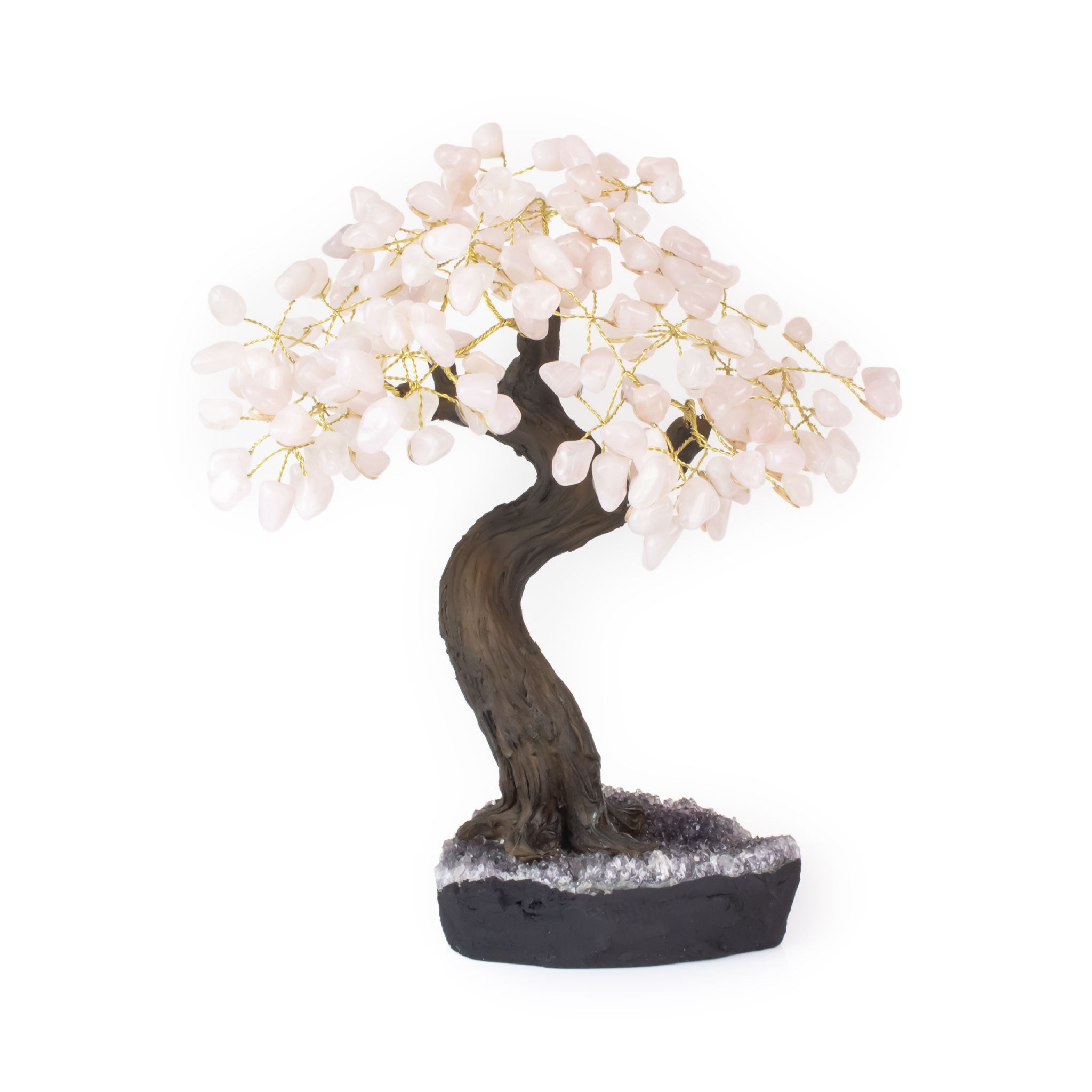 Extra-large Rose Quartz bonsai tree rooted in raw amethyst base for love, harmony, and décor.