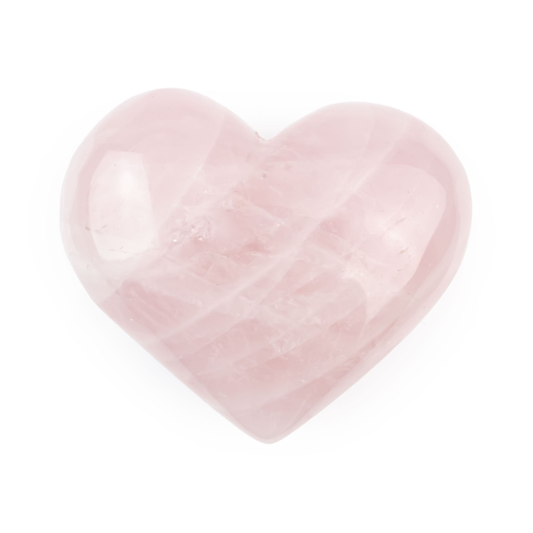 Small Rose Quartz Heart, polished pink crystal on white background.