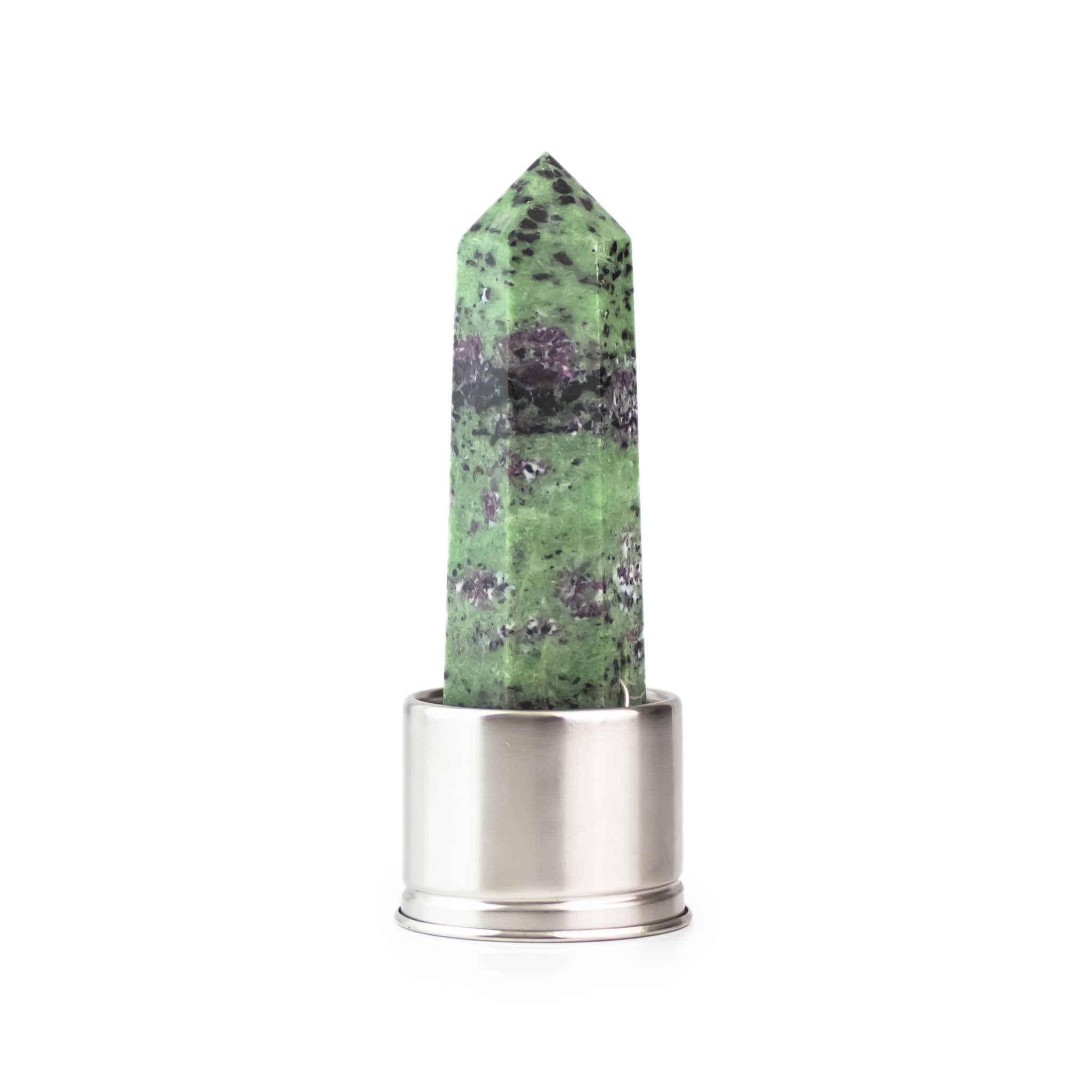Ruby zoisite attachment for Laterra Gemstone Water Bottle, polished crystal point in metal base on white background.