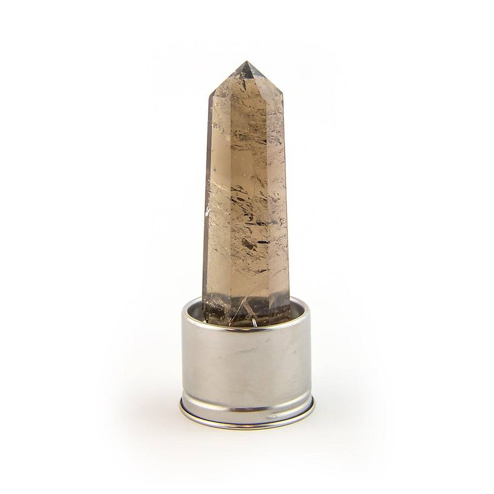 Smoky quartz crystal attachment for Sagittarius Laterra Gemstone Water Bottle, front view on white background.