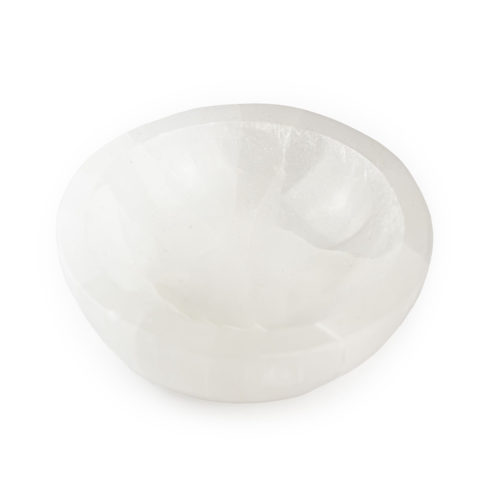 Top view of round selenite bowl used for energy cleansing, charging, and décor.