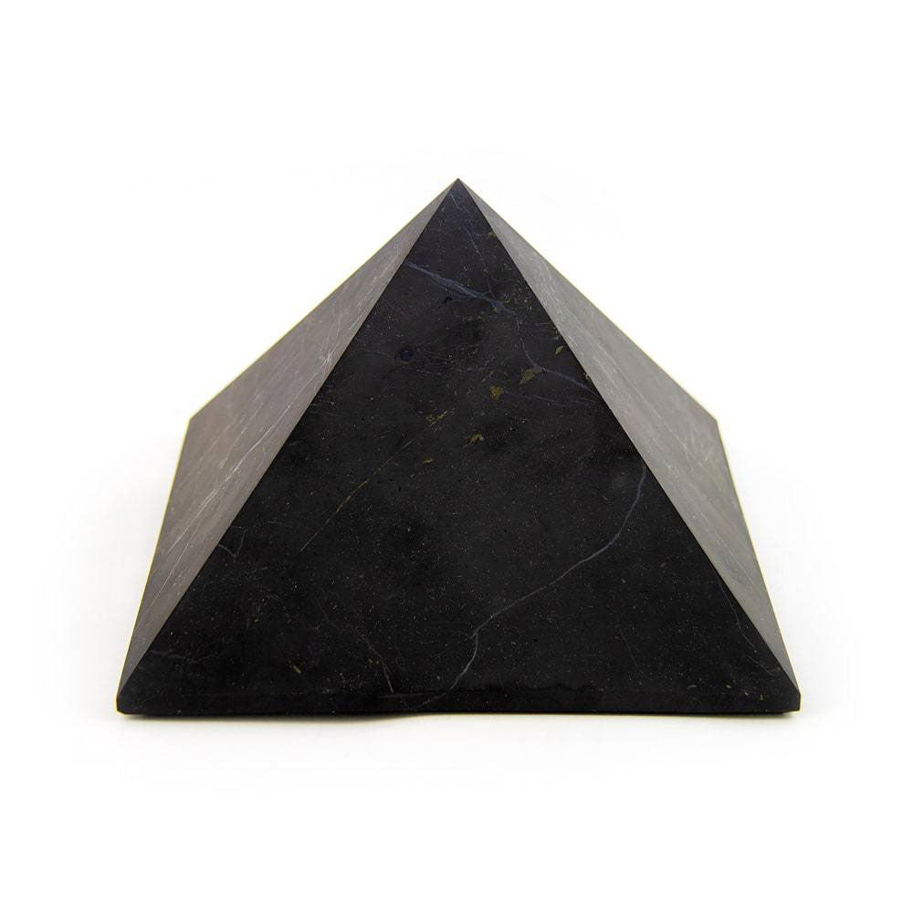 Shungite pyramid, side view showing unpolished finish and symmetry.