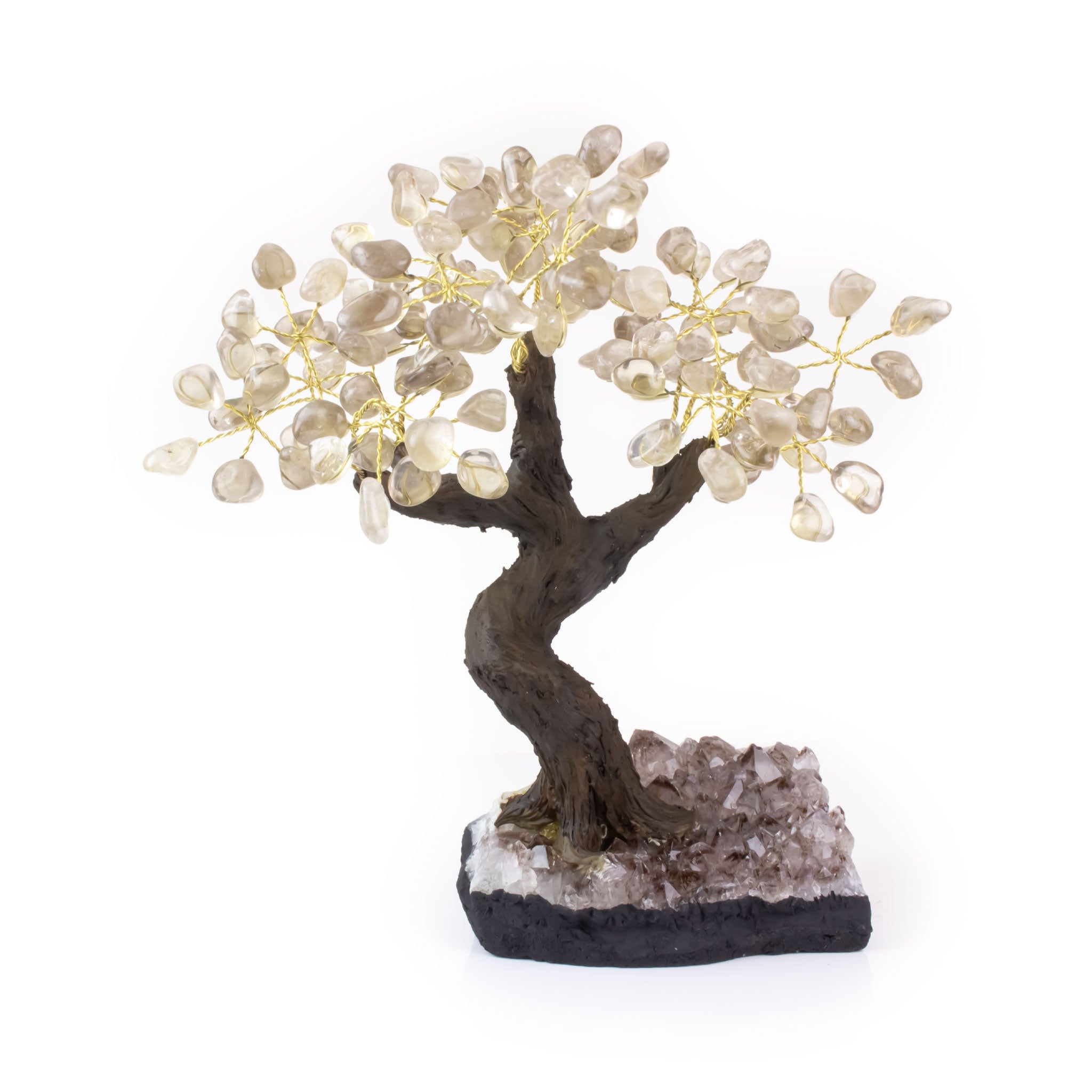 Large smoky quartz bonsai tree sculpture with tumbled gemstones on raw amethyst foundation.