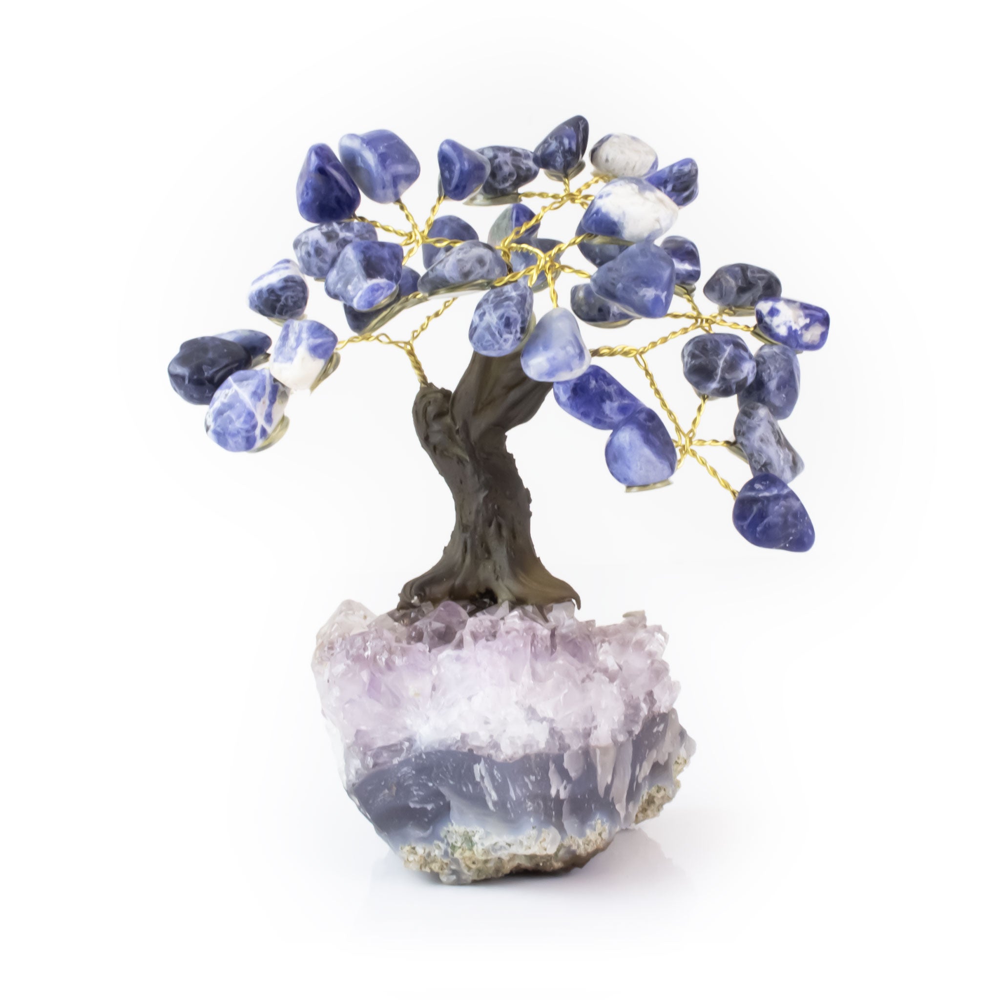 Small Sodalite bonsai tree with tumbled gemstone leaves on raw amethyst crystal base.